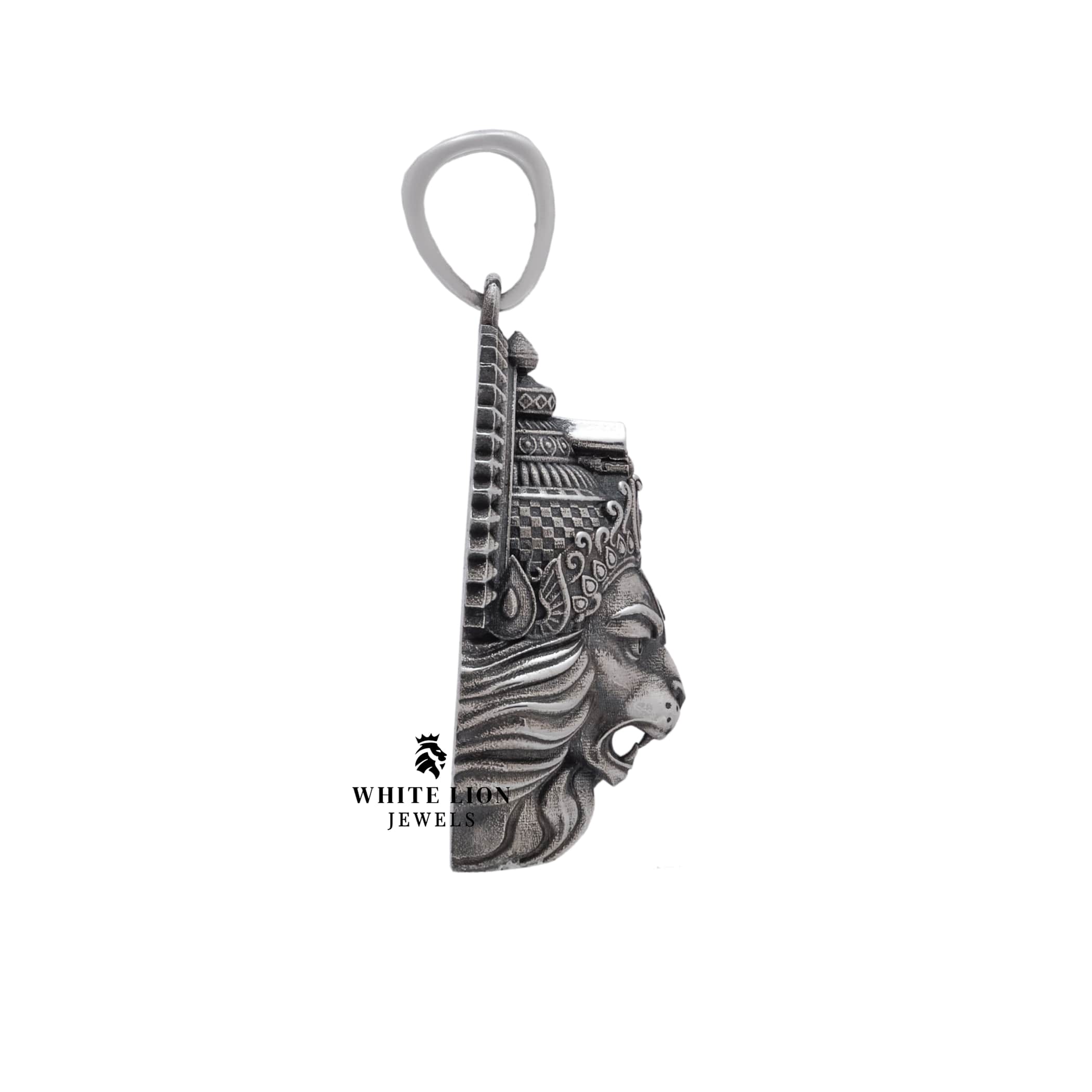 Close-up of the Narsimha 925 Sterling Silver Pendant, highlighting craft details.