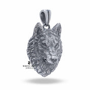 Side view of Wild Wolf Head 925 Sterling Silver Pendant highlighting intricate craftsmanship.