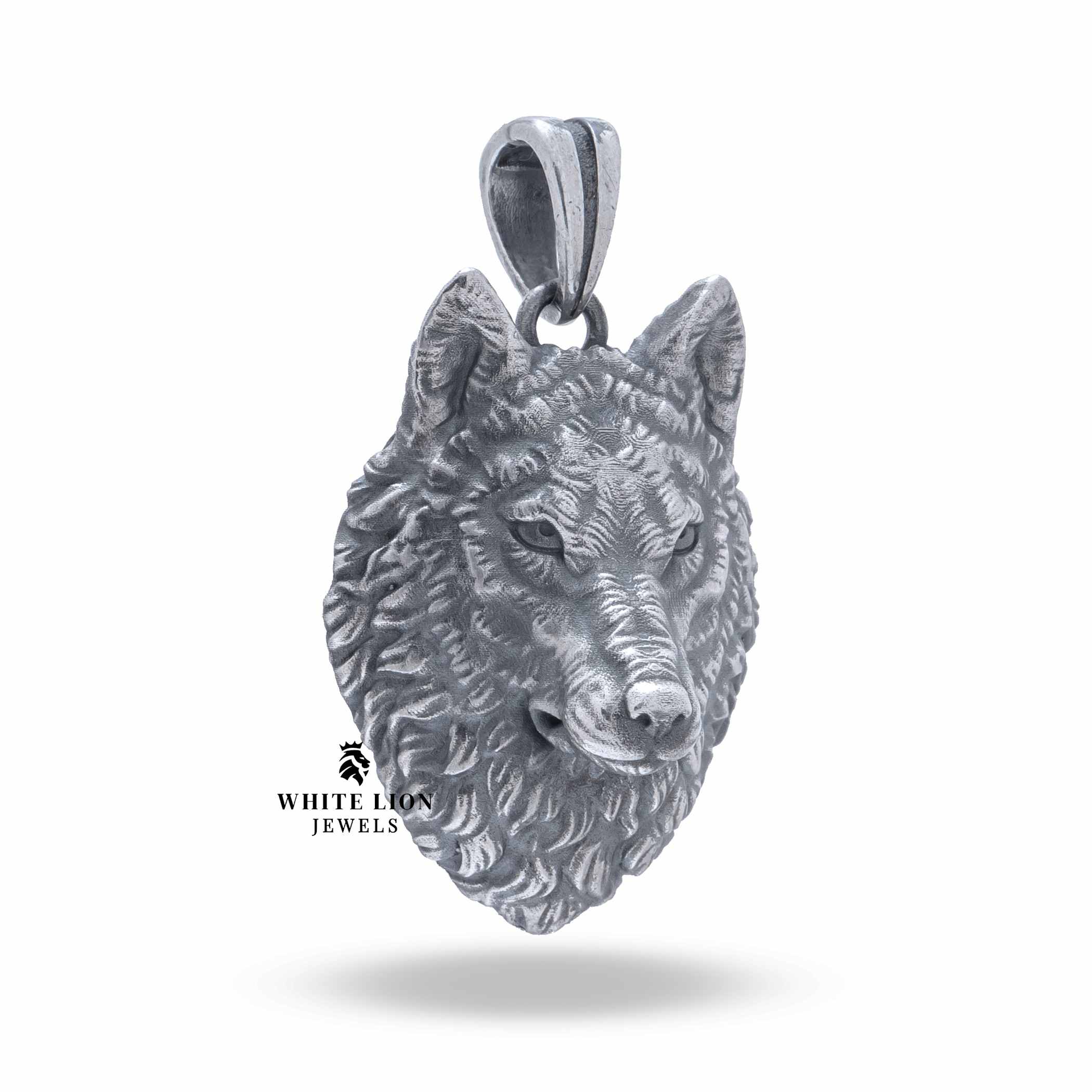 Side view of Wild Wolf Head 925 Sterling Silver Pendant highlighting intricate craftsmanship.