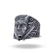 Close-up of floral engravings on Oni Japanese Demon Devil 925 sterling silver ring