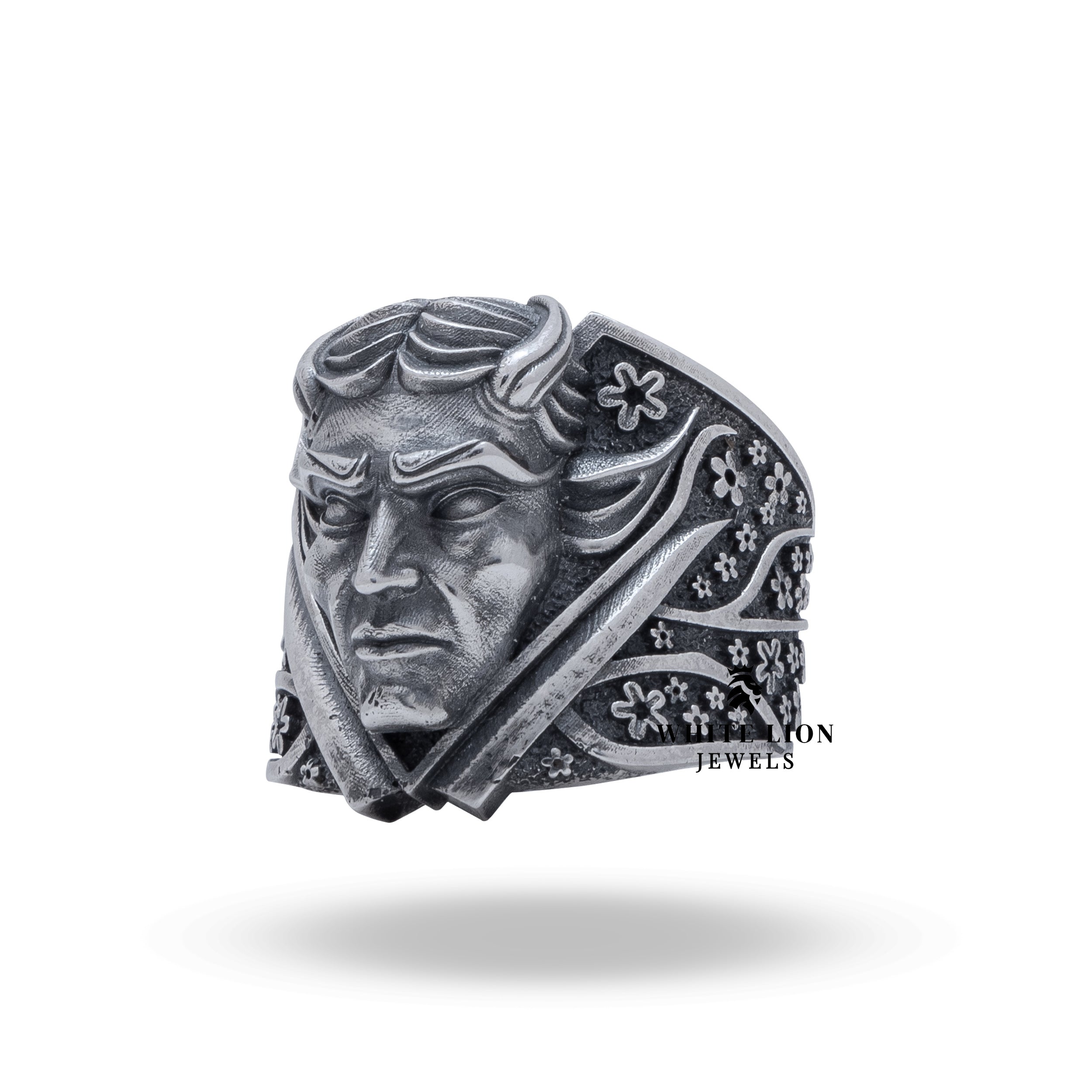 Close-up of floral engravings on Oni Japanese Demon Devil 925 sterling silver ring