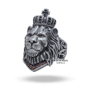 Top view of Calm Lion King Crown Animal 925 Sterling Silver Ring, highlighting crown design and black stones.
