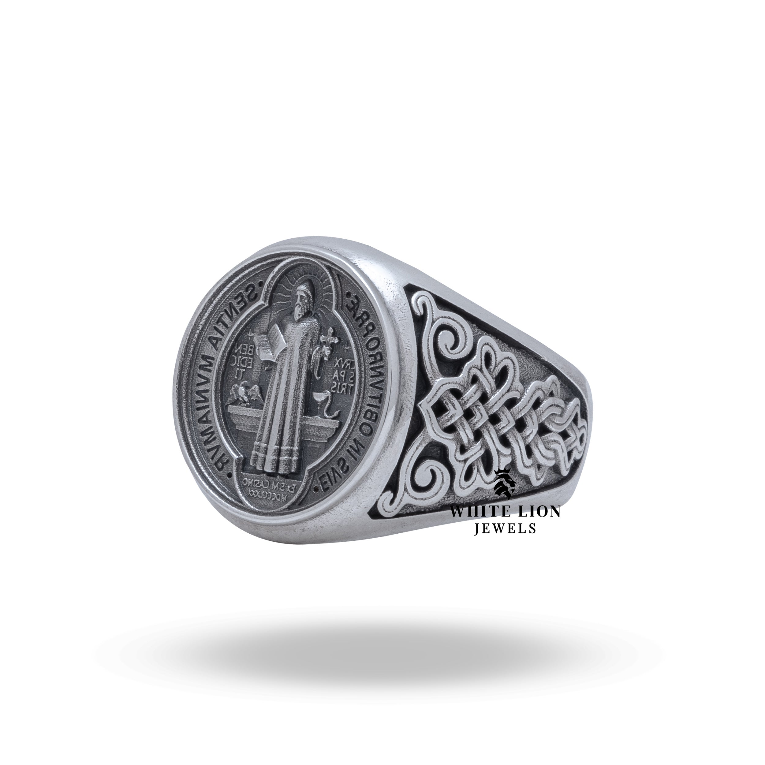 Top view of 925 Sterling Silver Saint Benedict Ring showcasing the ornate oval design and luxurious craftsmanship.