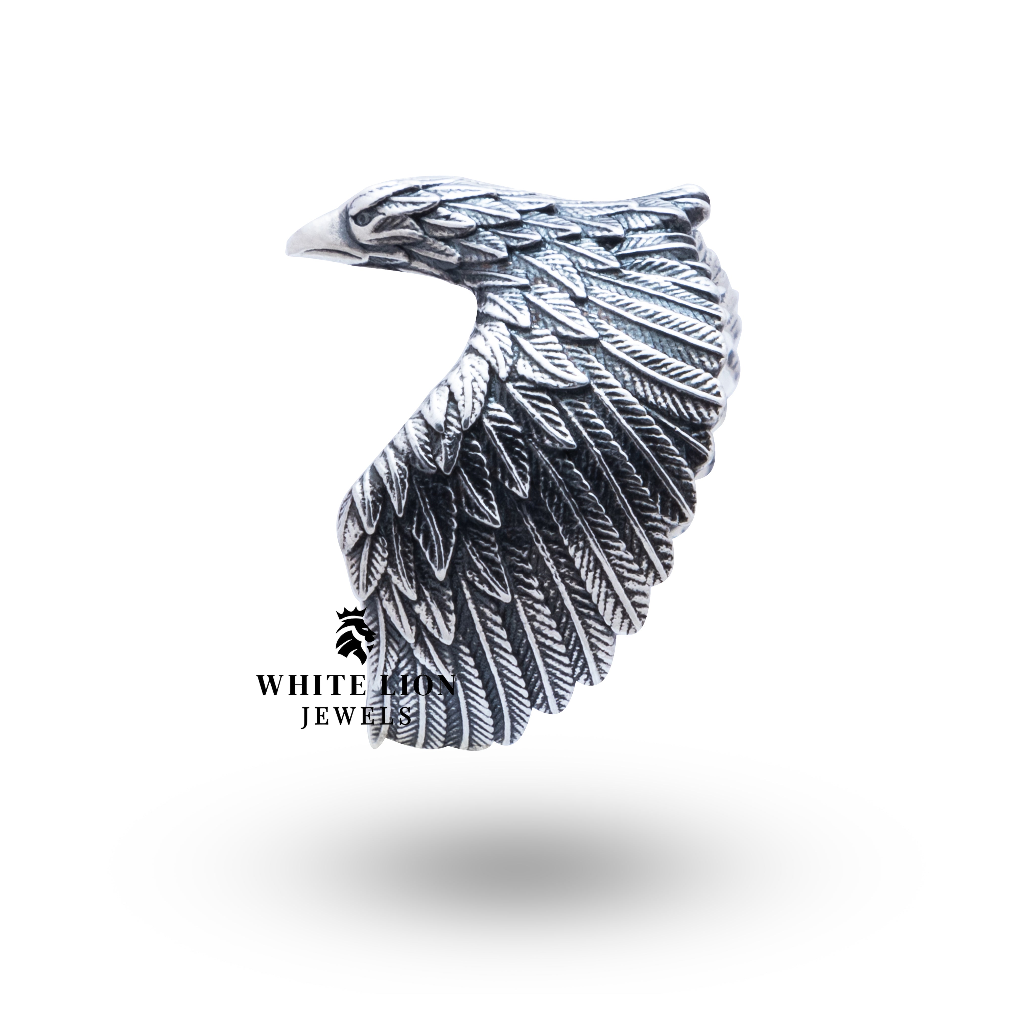 Closeup of the Flying Eagle 925 Sterling Silver Ring exhibiting the exquisite details of the eagle motif.