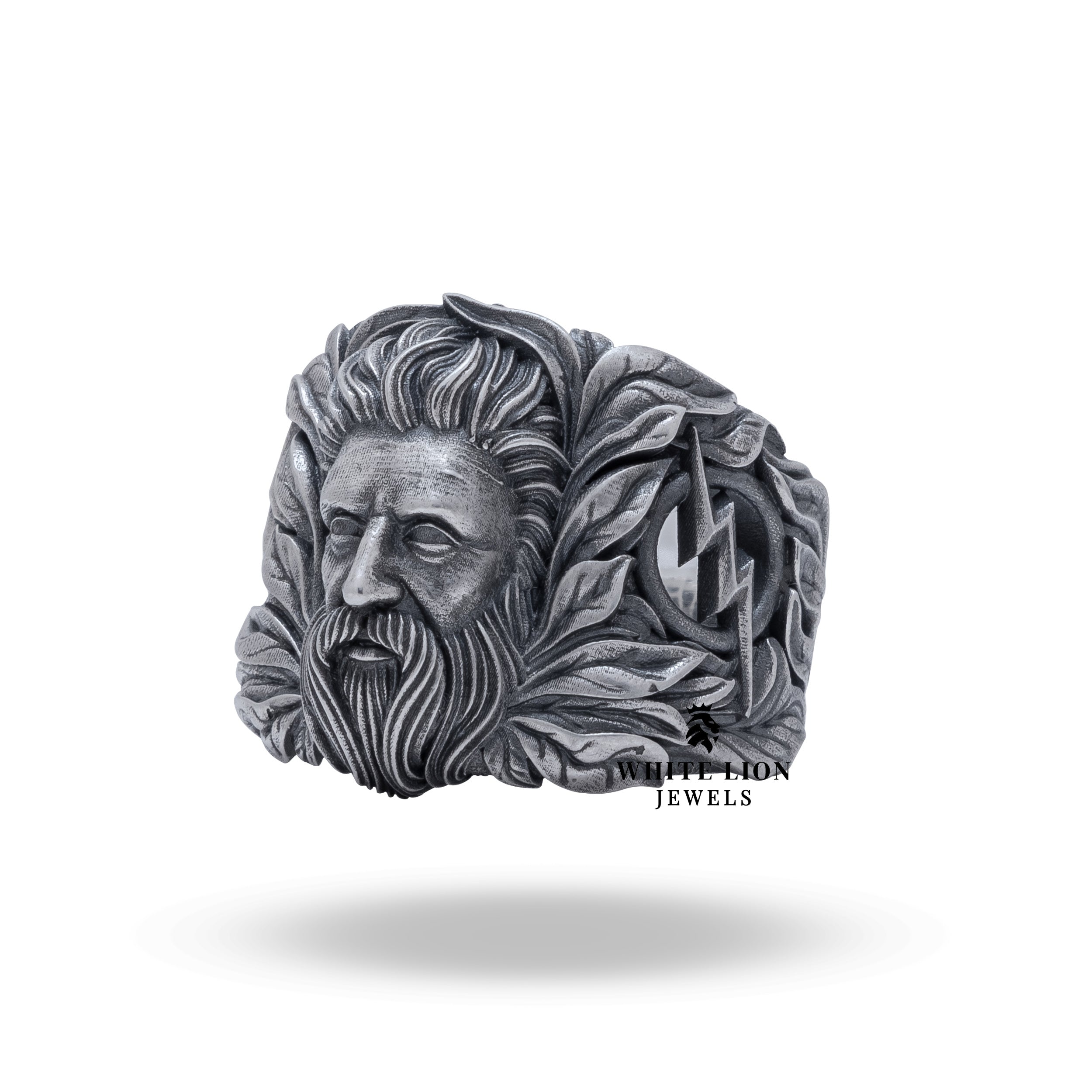 Handcrafted Zeus Greek God 925 Silver Ring from White Lion