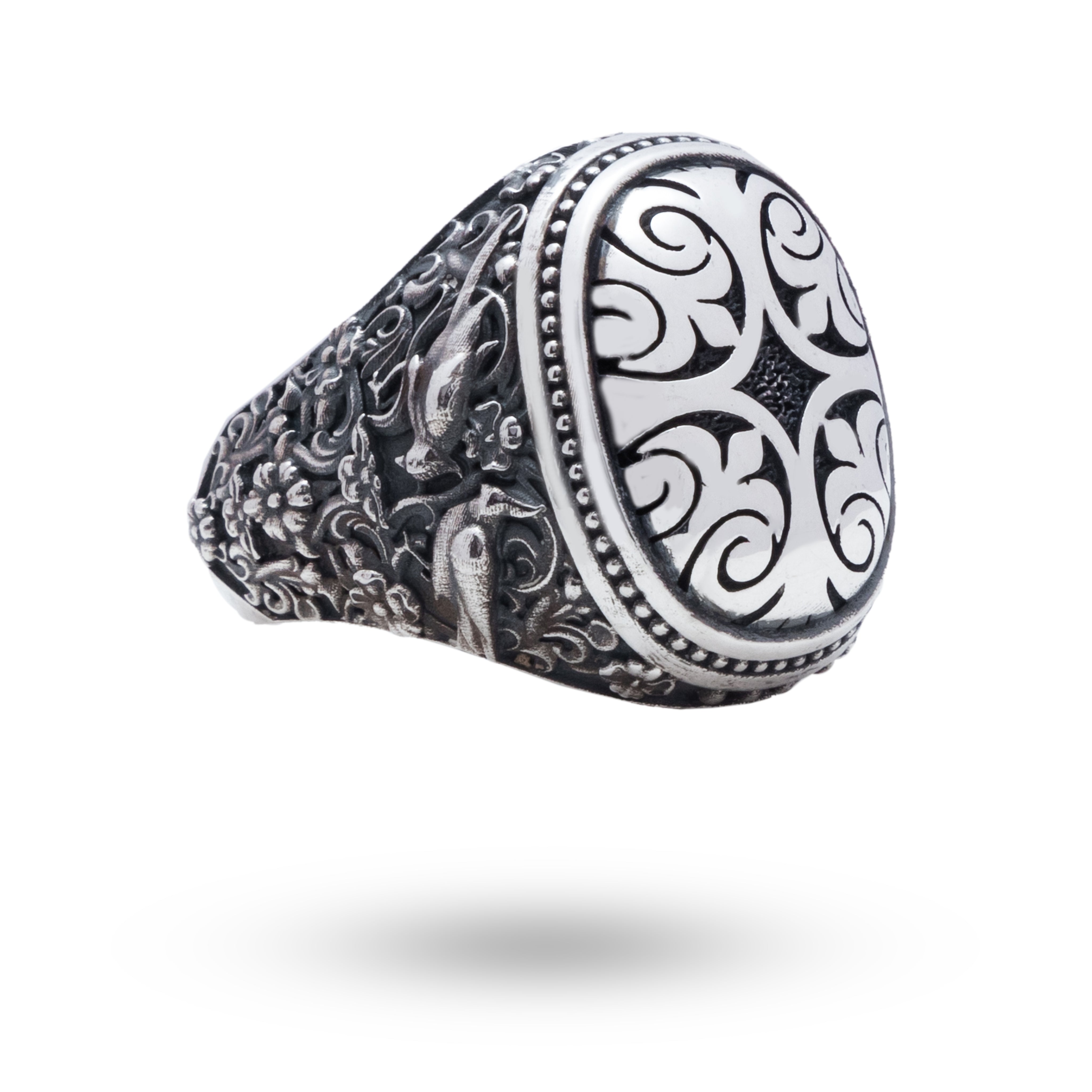 Front view of Oval Signet 925 Sterling Silver Ring with oxidized finish by White Lion Jewels