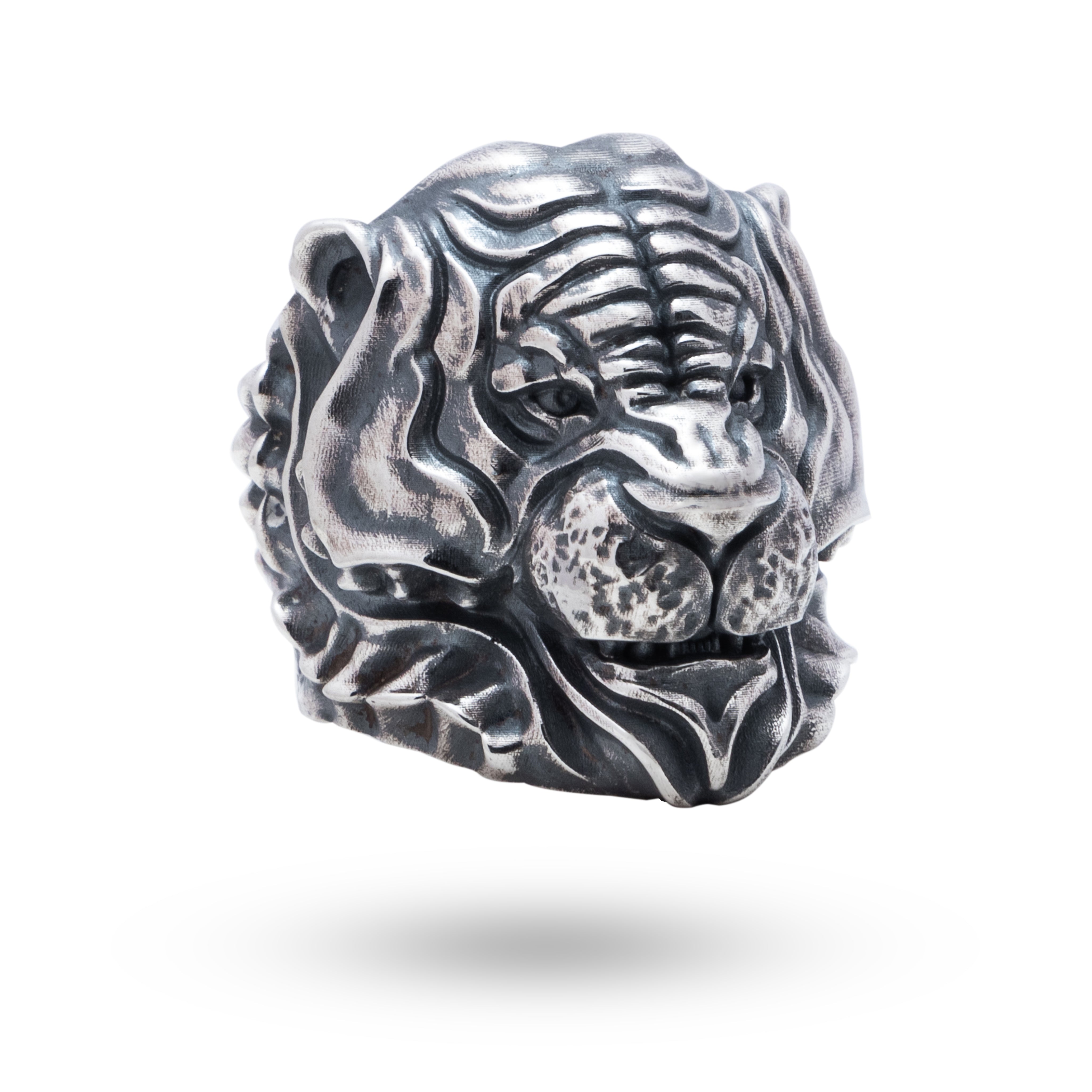 Front view of Classic Tiger 925 Sterling Silver Ring with oxidized finish by White Lion Jewels.
