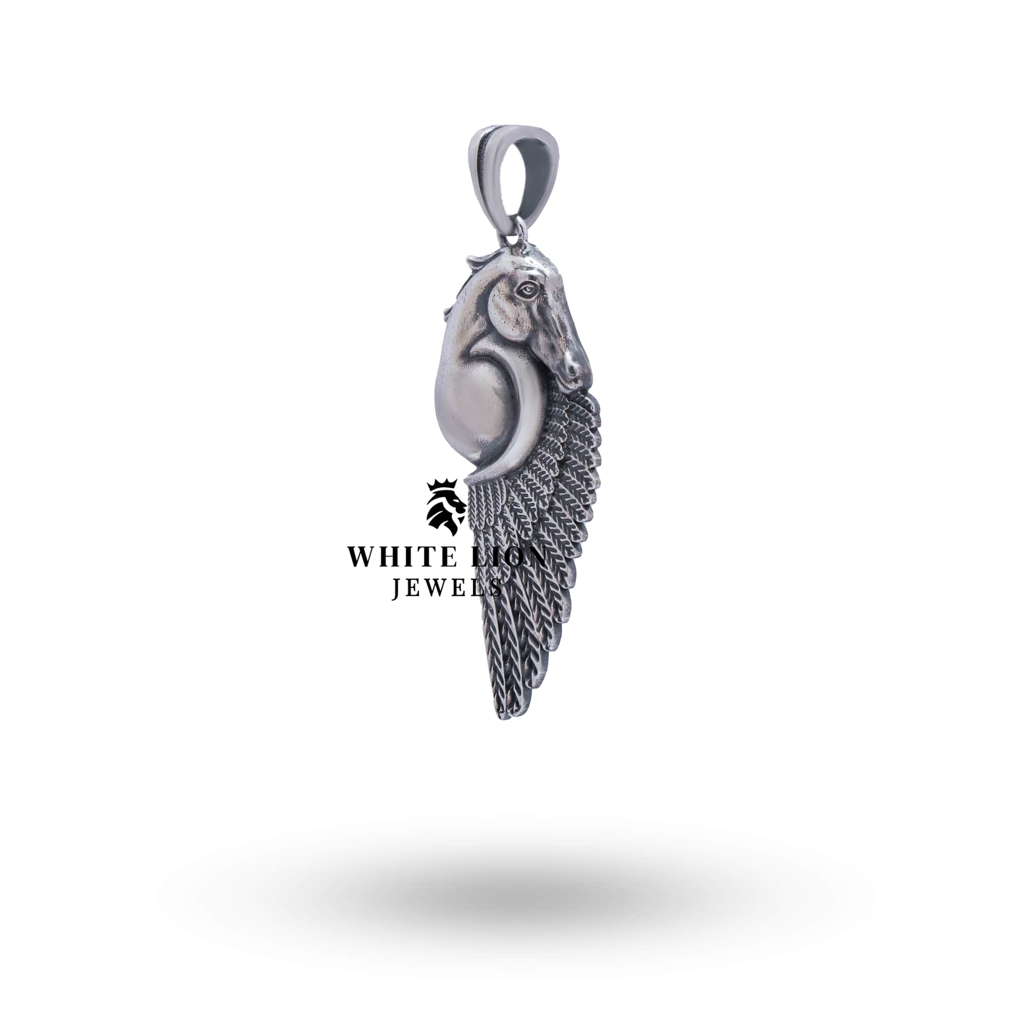 Detailed close-up of Pegasus Horse Pendant from White Lion Jewels in oxidized sterling silver.