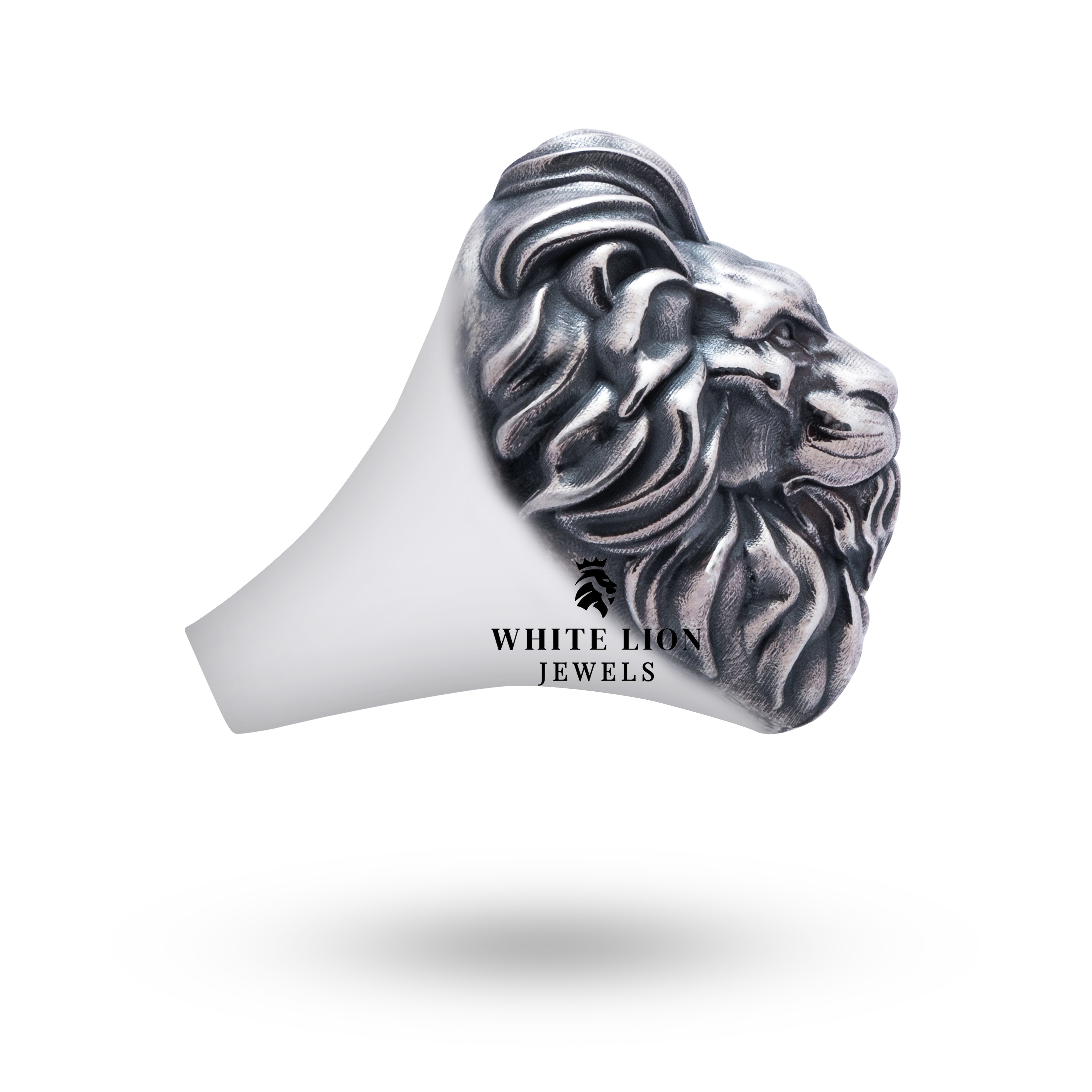 Angled view of Classic Lion 925 Sterling Silver Ring with detailed lion motif.