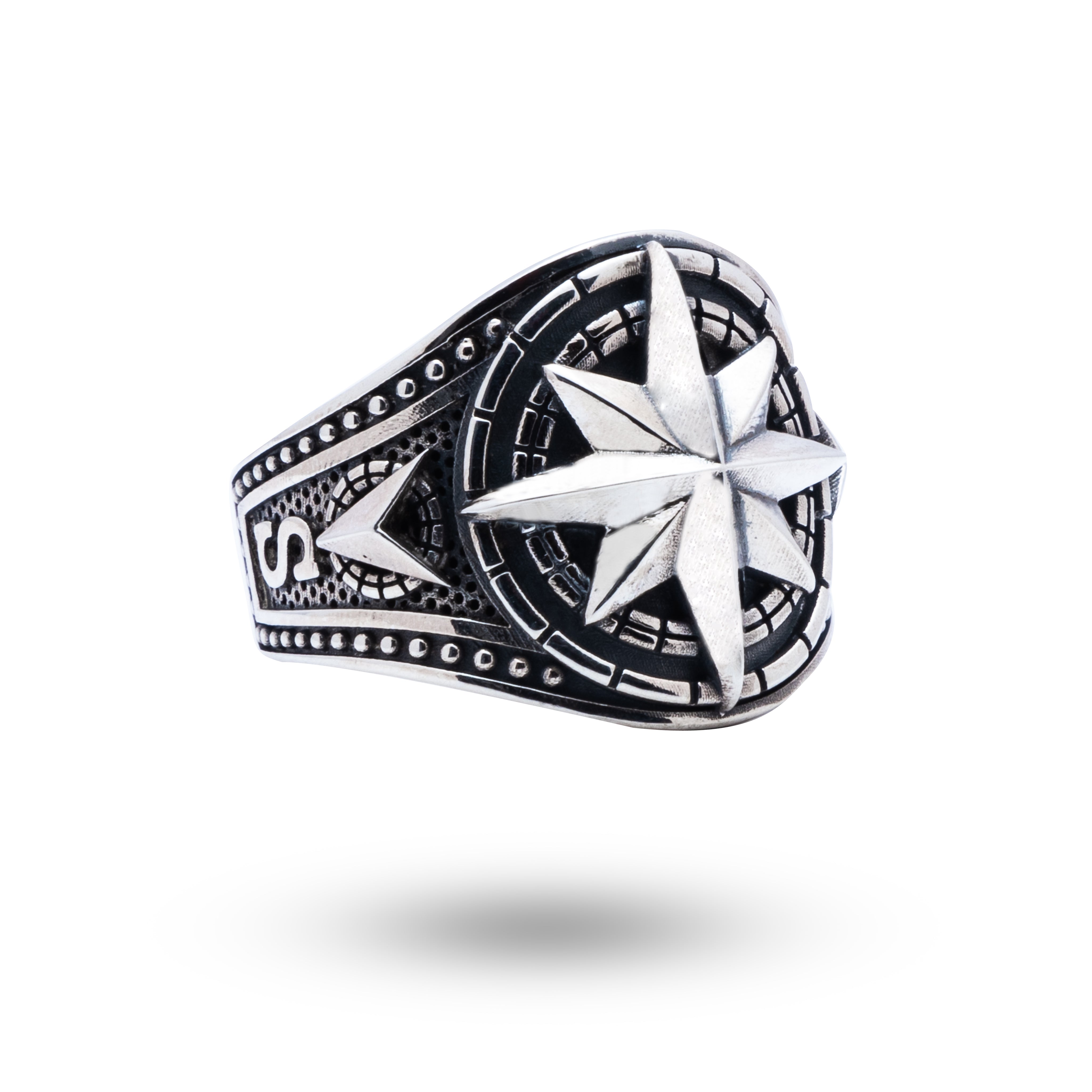 Front view of North Star 925 Sterling Silver Ring with oxidized finish by White Lion Jewels