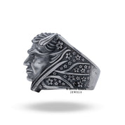White Lion Jewels 925 sterling silver ring with Oni demon and floral motifs