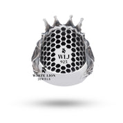 Luxury Lion King Crown Ring in oxidized 925 Sterling Silver showcased on a black velvet background