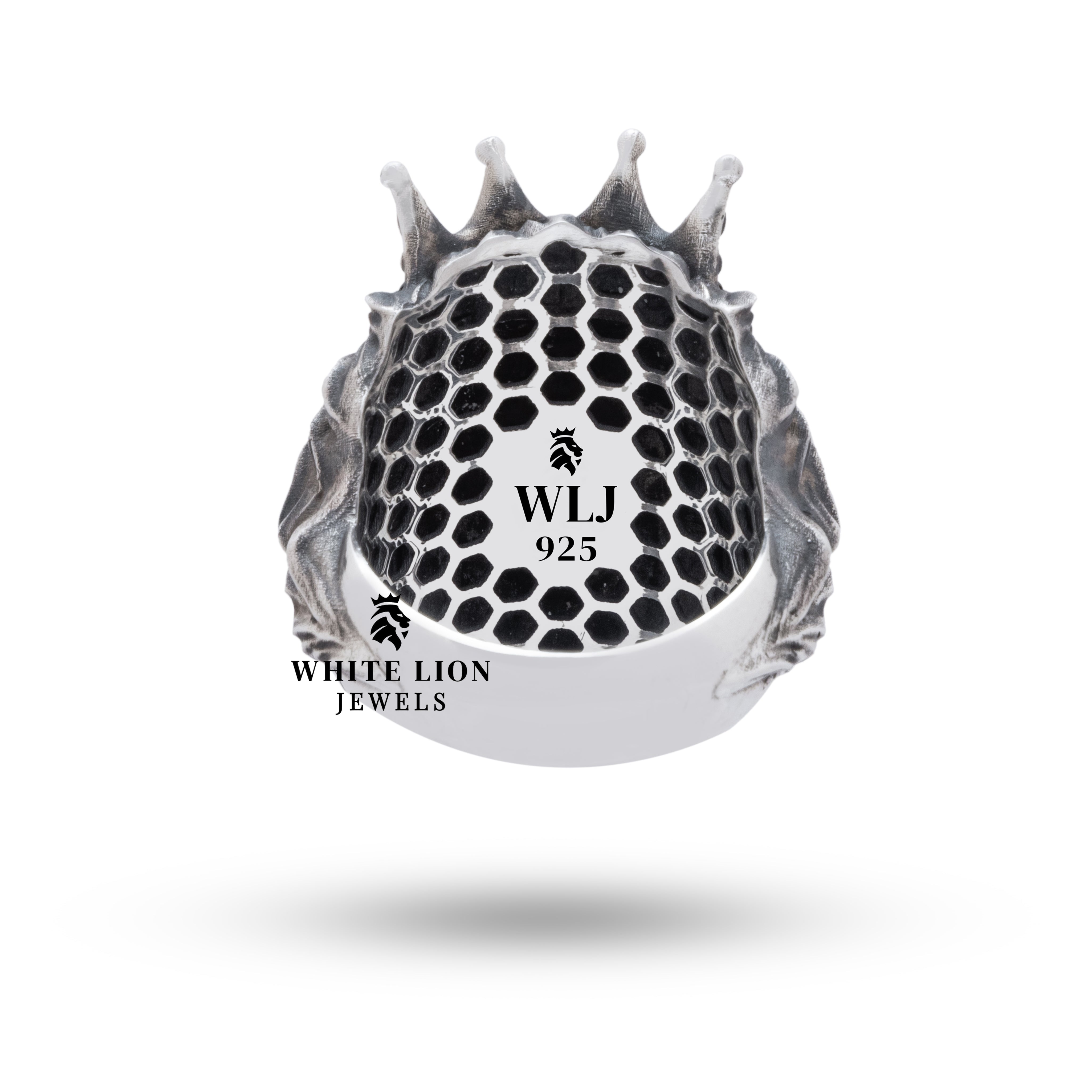 Luxury Lion King Crown Ring in oxidized 925 Sterling Silver showcased on a black velvet background