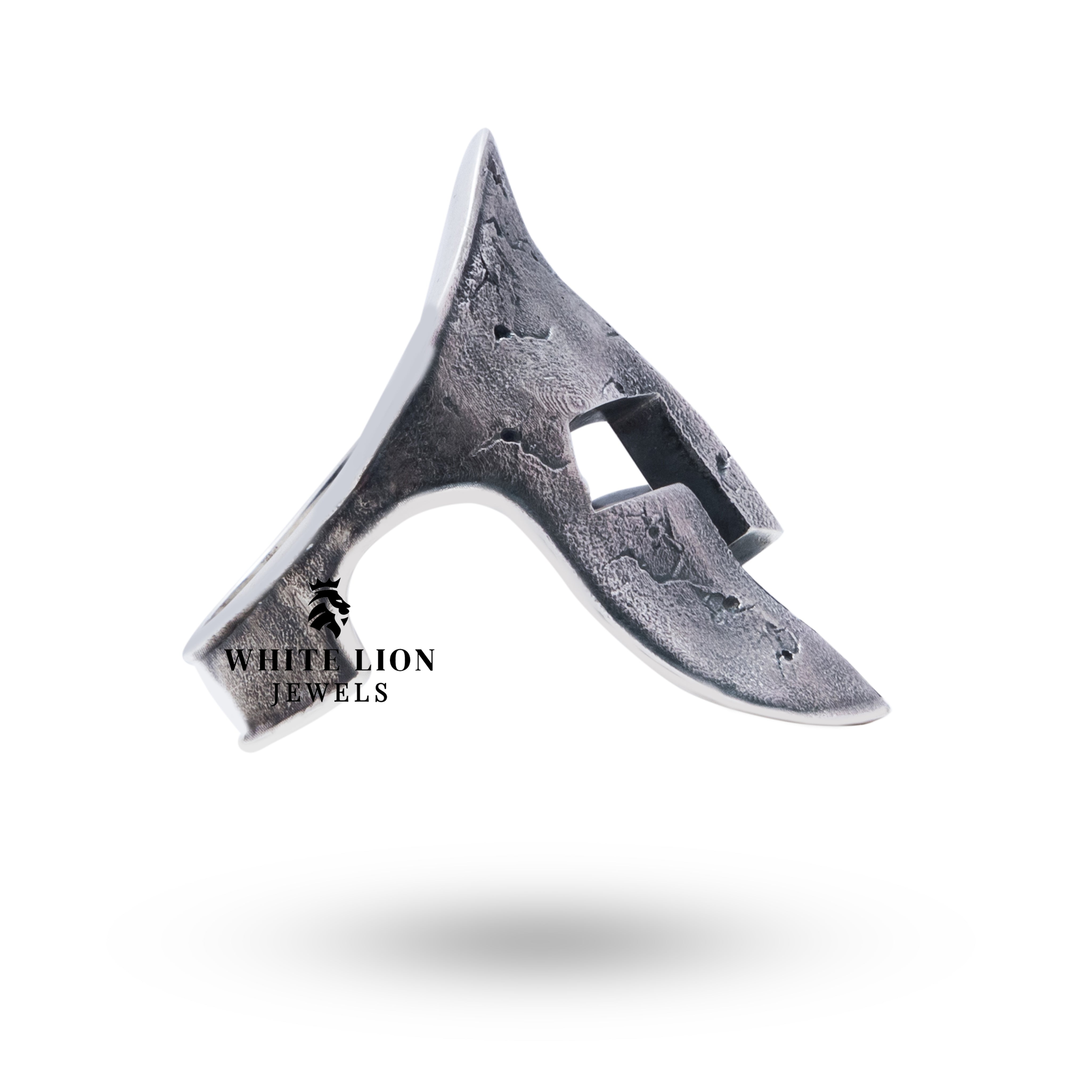 Angled view of Spartan Warrior Helmet 925 Sterling Silver Ring displaying unique historical design.