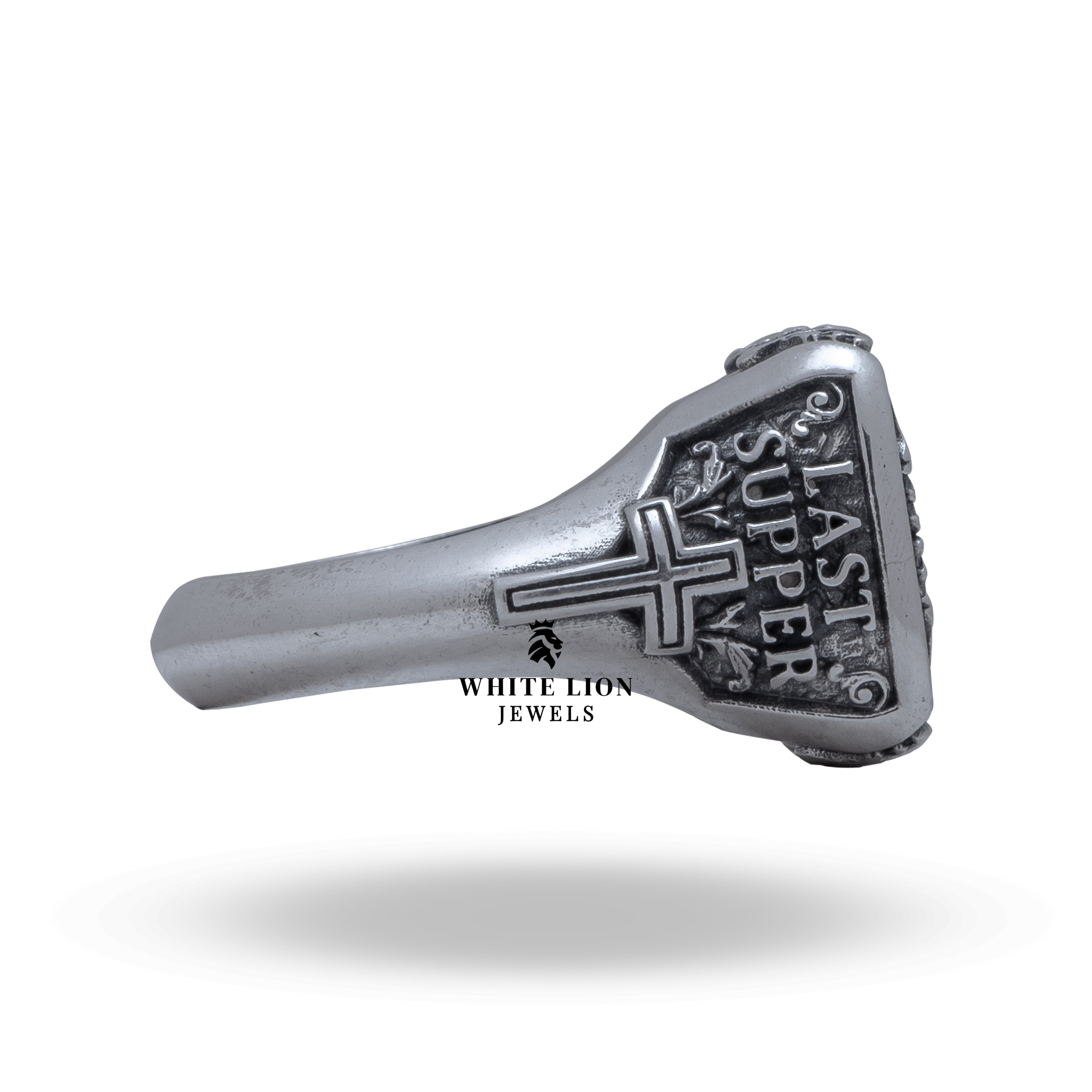 Back view of the Last Supper Jesus Christ 925 Sterling Silver Ring, showing the smooth, polished sterling silver.