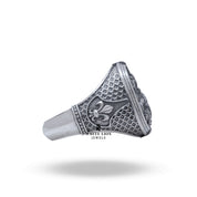 Model wearing the God Jesus Savior 925 Sterling Silver Ring, highlighting its wearability.