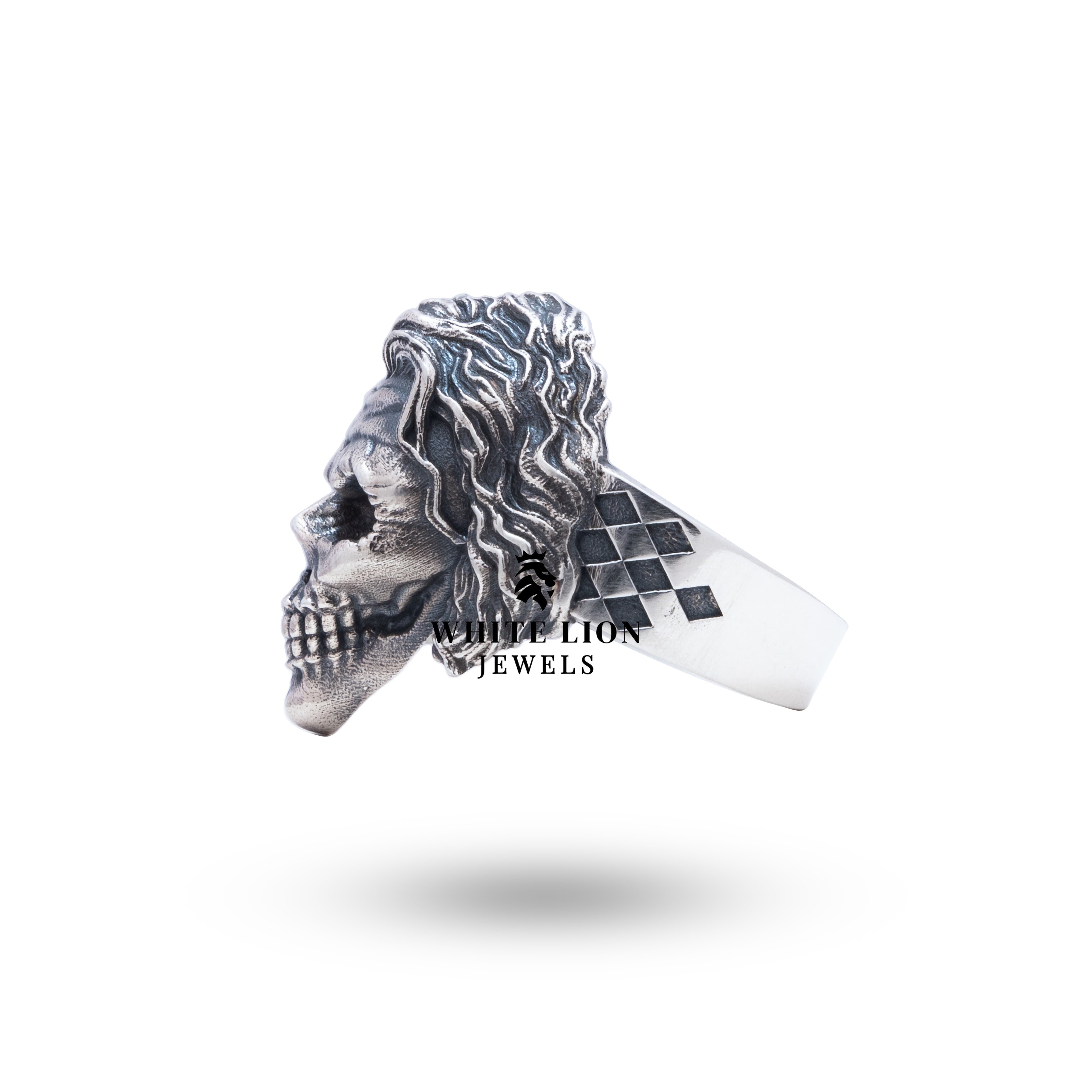 Detailed design of Joker Skull Sterling Silver Ring with oxidized look