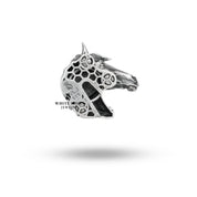 Close-up of the craftsmanship on the Exquisite Horse Head Magnet Brooch, displaying the shine and detail in the sterling silver.