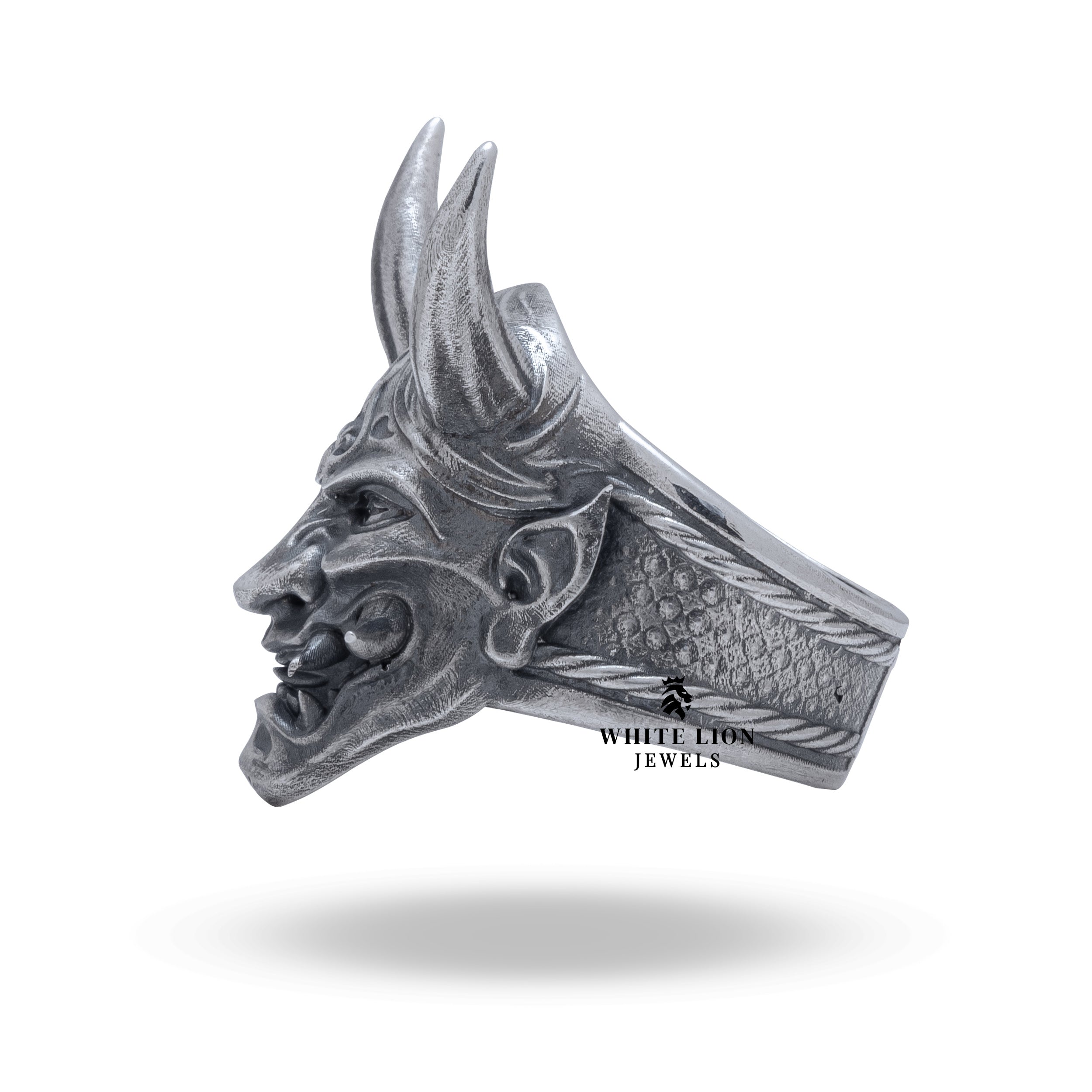 Luxury sterling silver Oni Mask ring with artisanal design and unique Japanese symbolism.