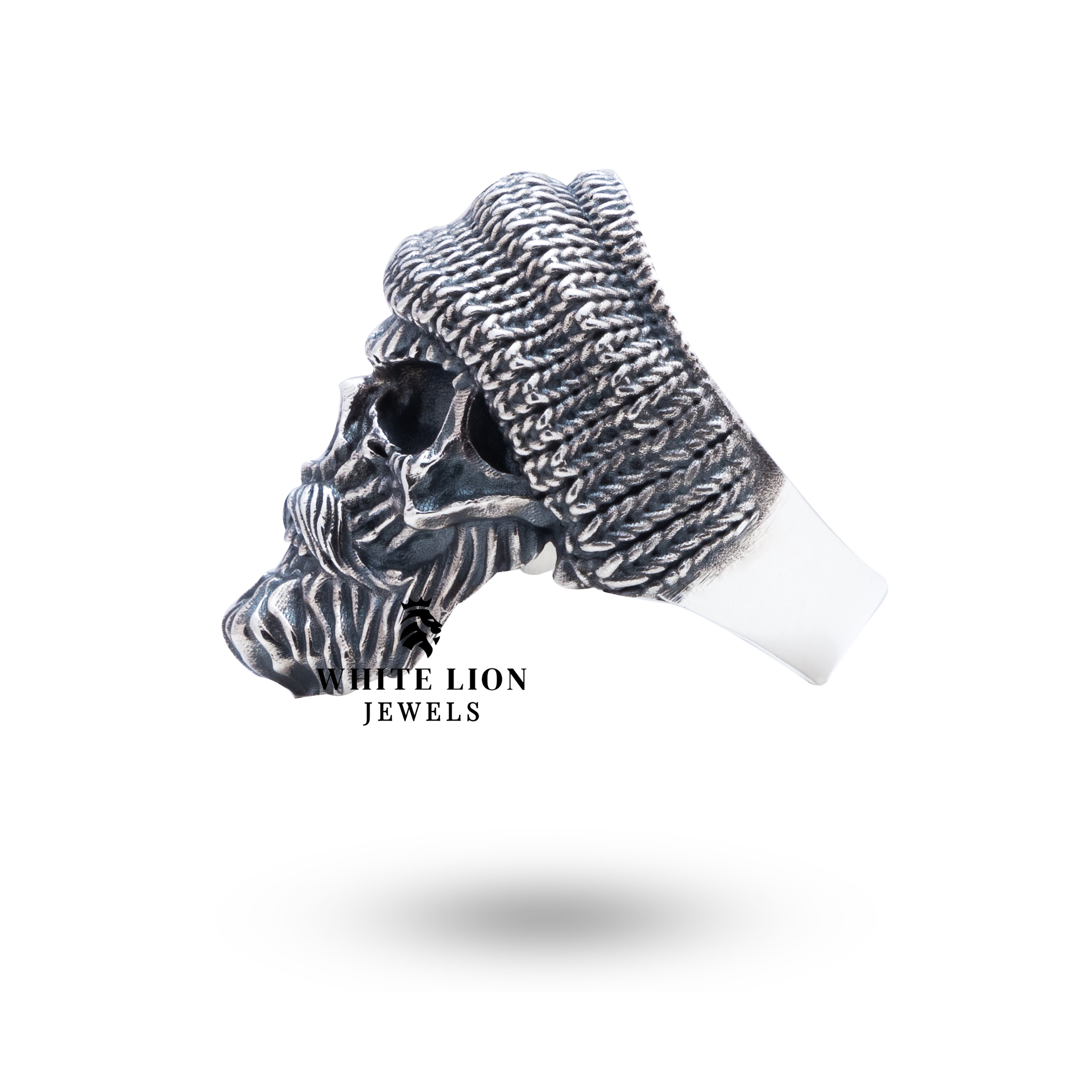 Beard Skull 925 Sterling Silver Ring depicted in hand for size comparison and style suggestion