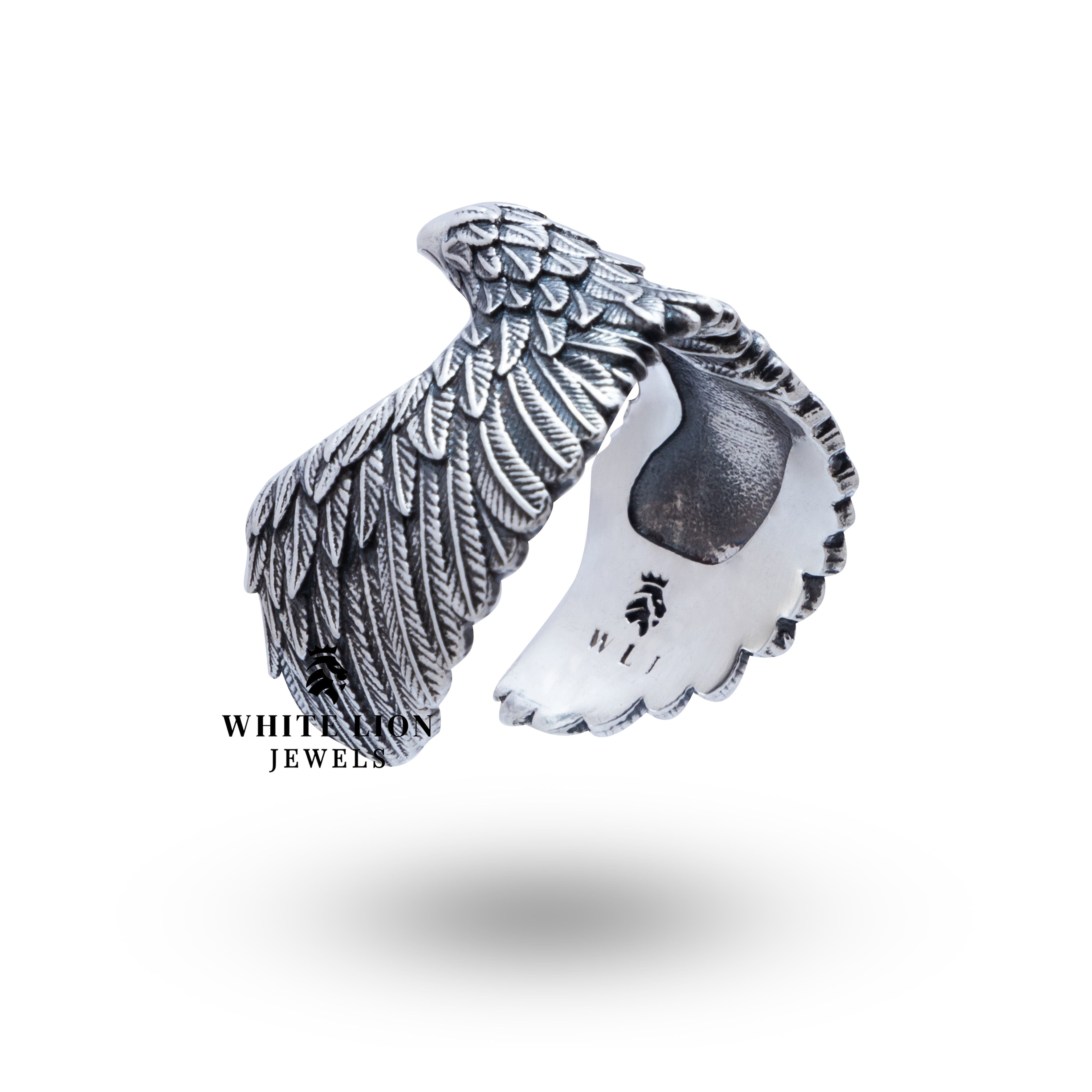 Side view highlighting the detailed craftsmanship of the Flying Eagle 925 Sterling Silver Ring by White Lion Jewels.