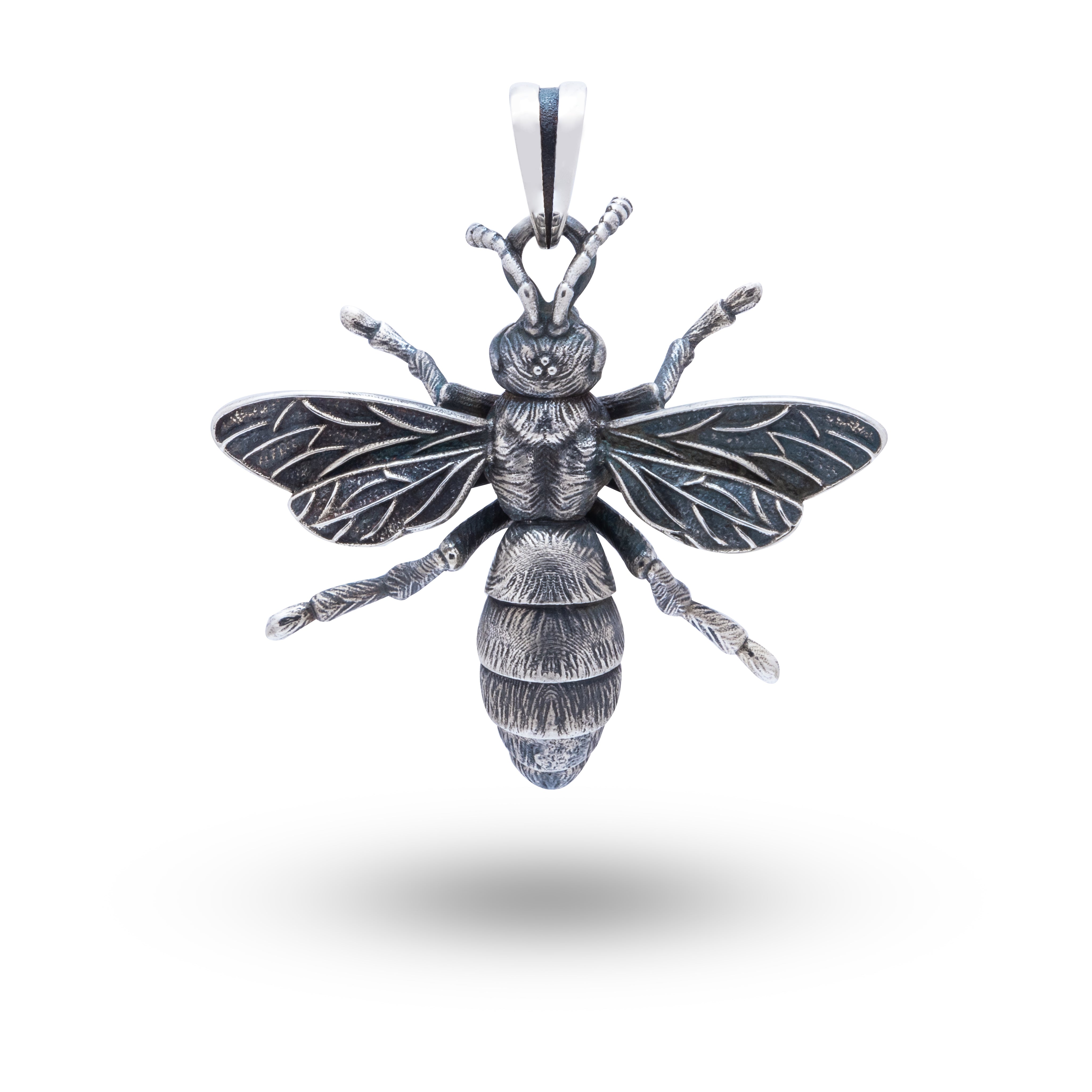 Honey Bee Flying Insect Pendant made of 925 Sterling Silver, artisan crafted with oxidized finish.