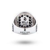 Close-up of North Star 925 Sterling Silver Ring showing the oxidized color and circular design