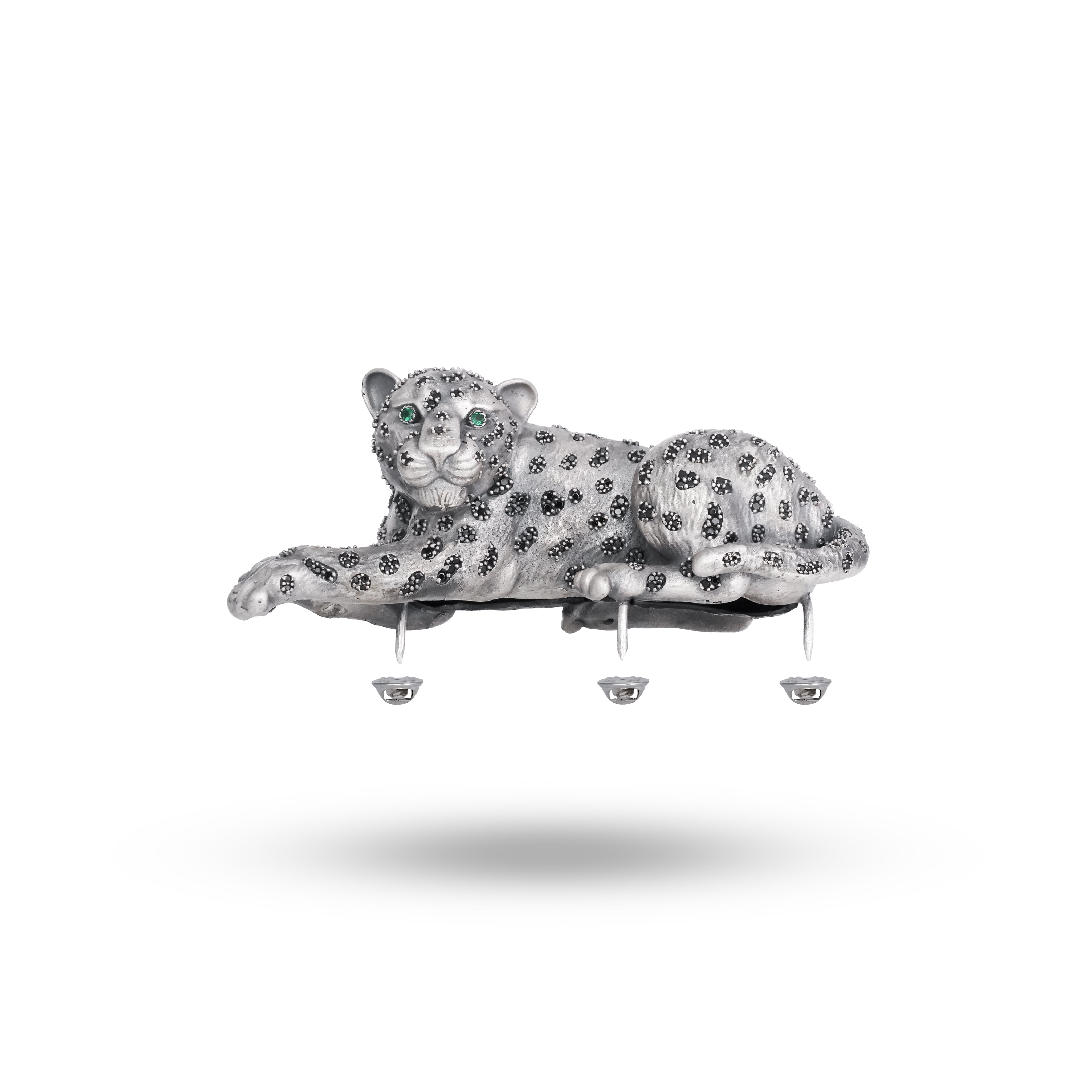 Elegant Sitting Panther Brooch in 925 Sterling Silver with CZ Stone Accents