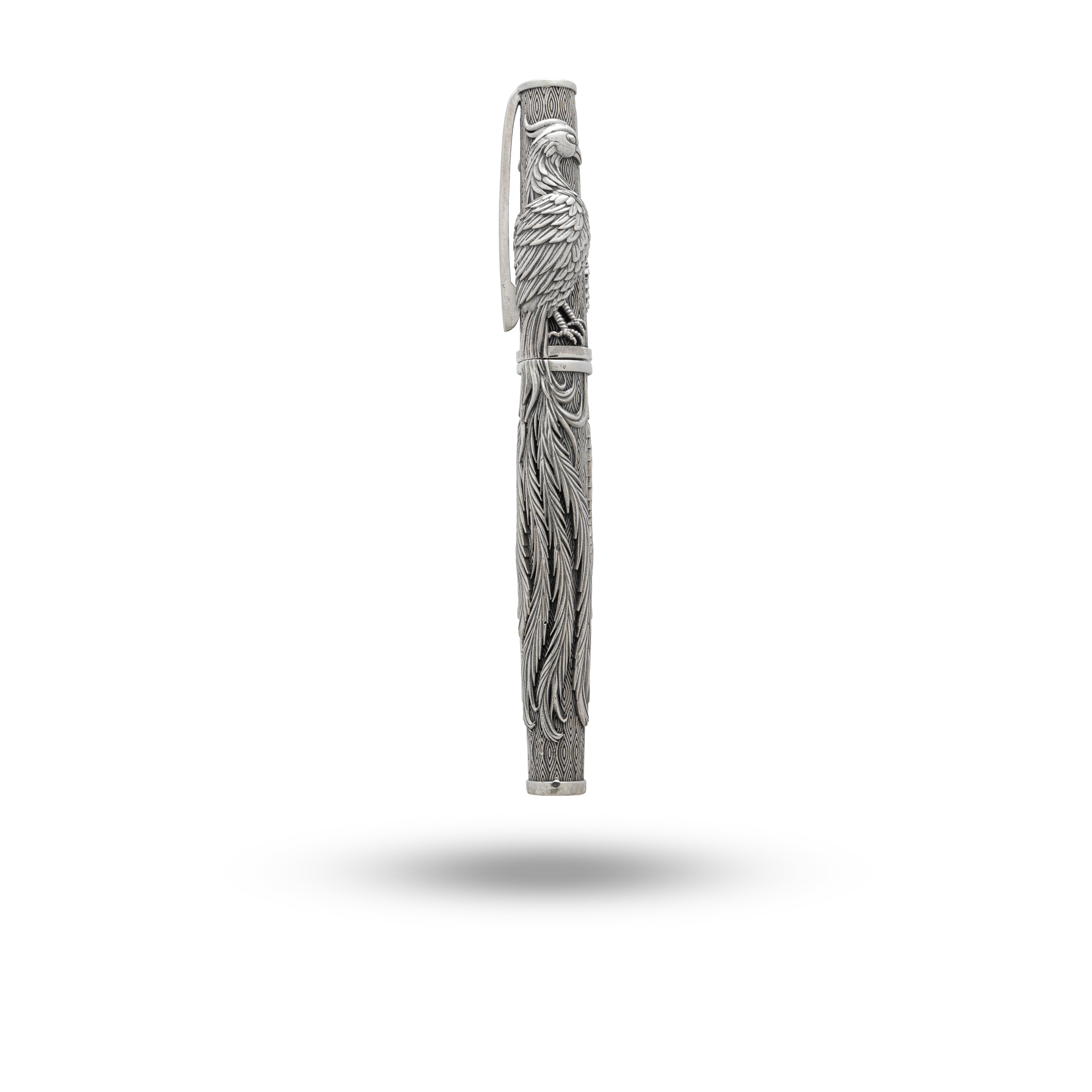 Luxurious Phoenix Fire Bird Fountain Pen in oxidized 925 sterling silver.