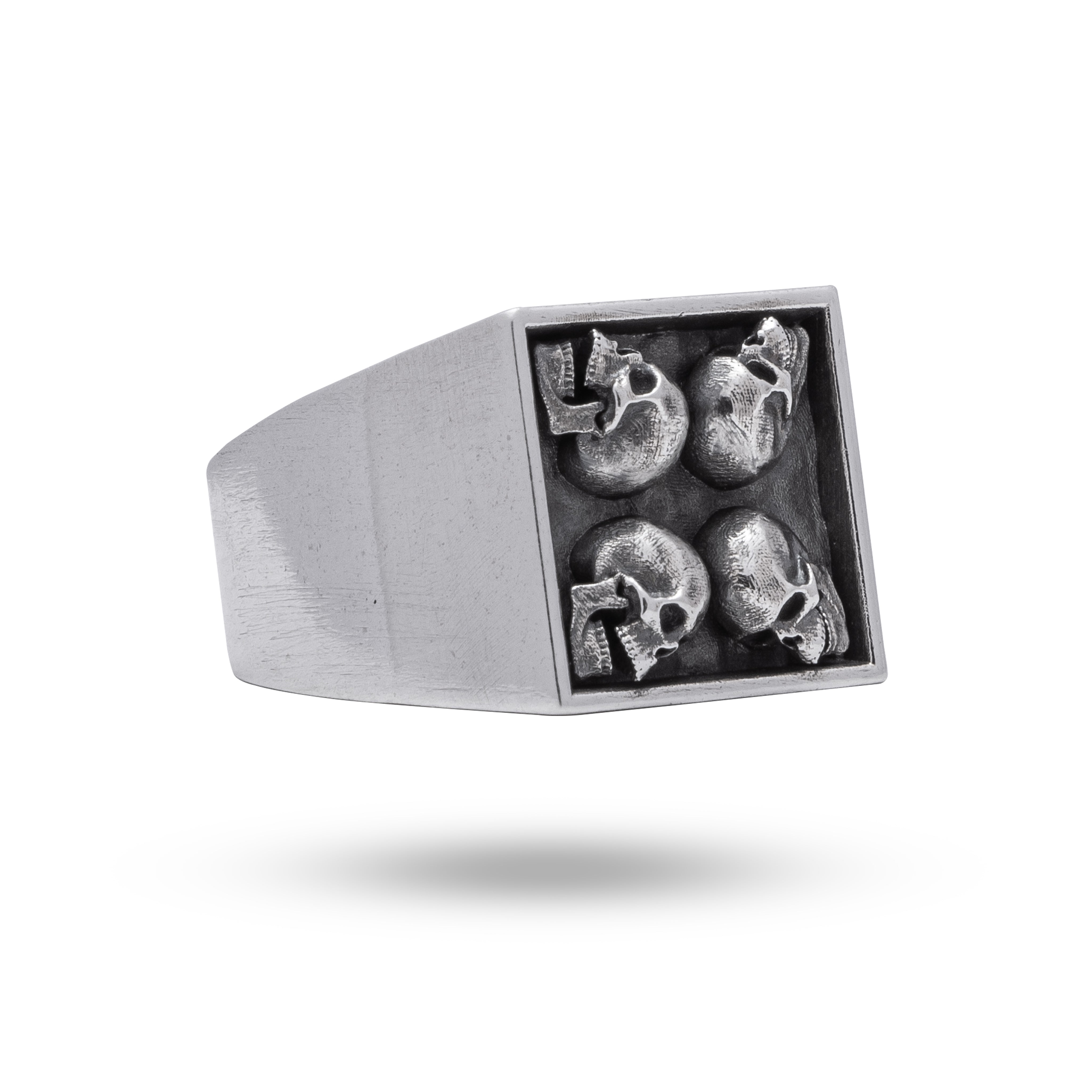 925 Sterling Silver Ring featuring a square shape with intricate open jaw gothic skulls and oxidized finish, ideal for edgy styles.