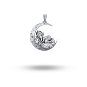 Front view of Bal-Ganesha on the moon 925 Sterling Silver Pendant with oxidized finish.