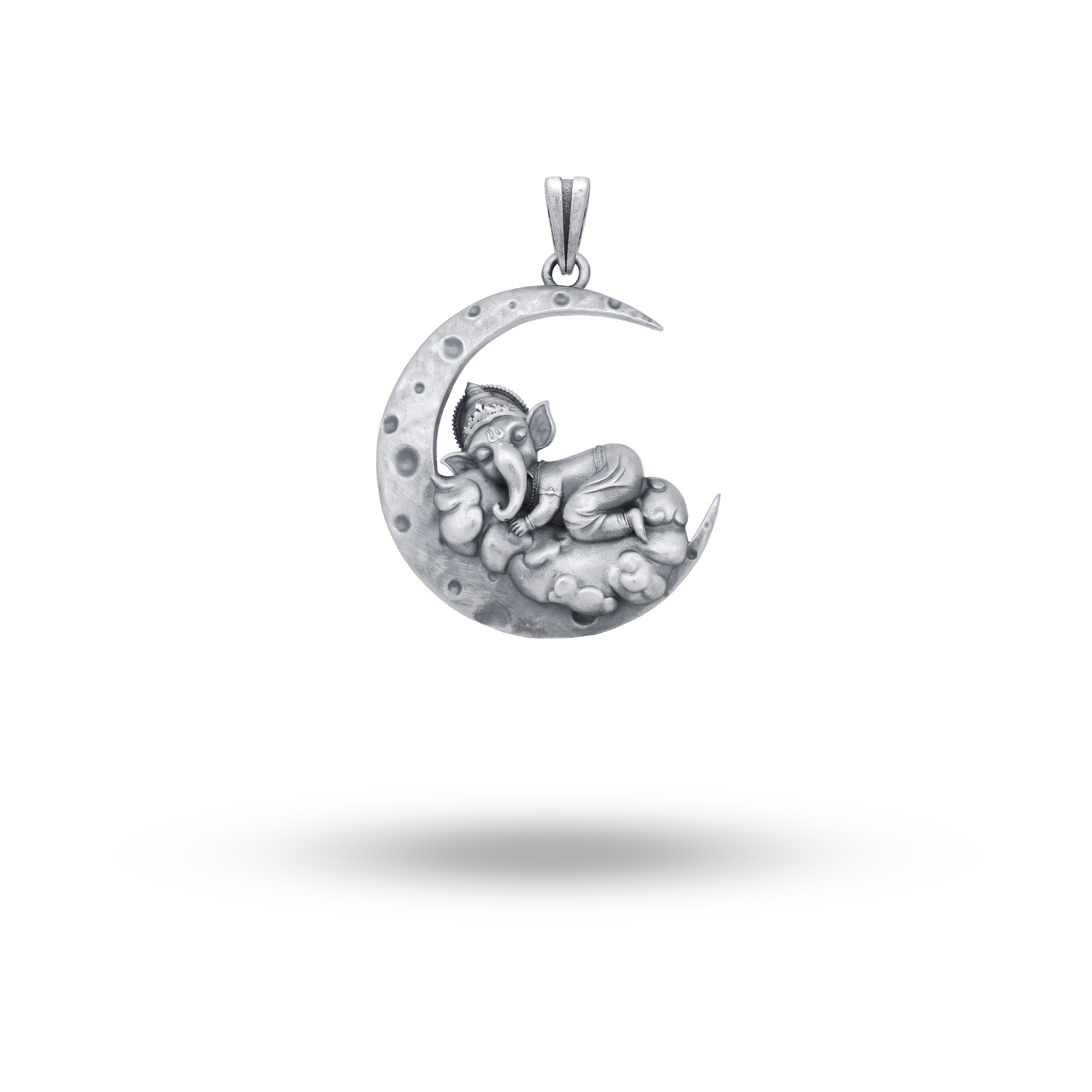 Front view of Bal-Ganesha on the moon 925 Sterling Silver Pendant with oxidized finish.