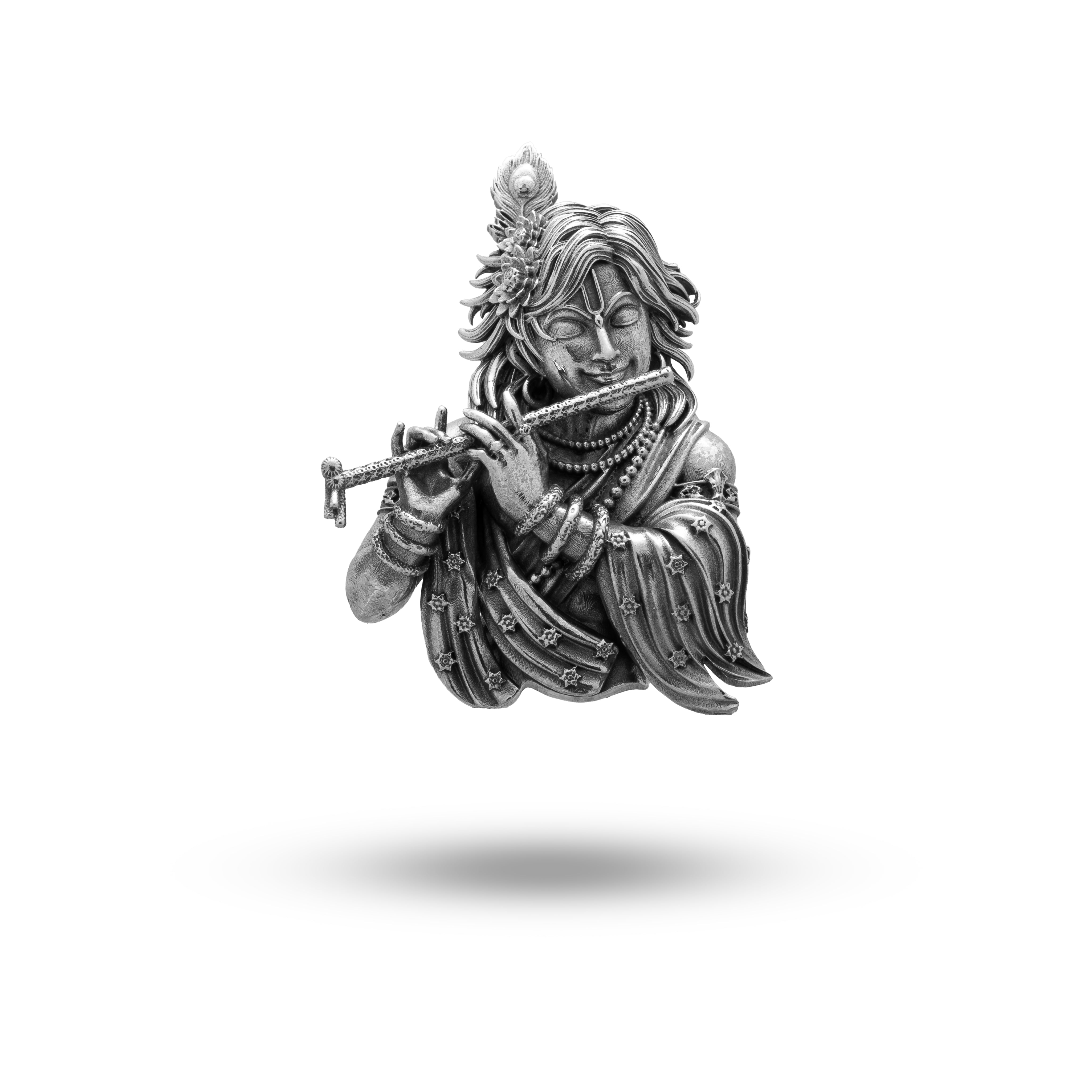 Front view of Krishna Vishnu avatar Bhagavad Gita Flute in oxidized sterling silver brooch for spiritual elegance.