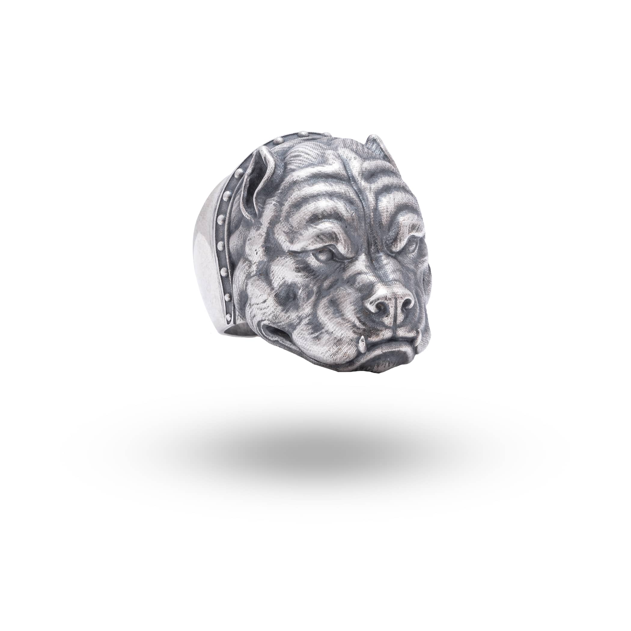 Side view of American Pit Bull Dog 925 Sterling Silver Ring with oxidized finish