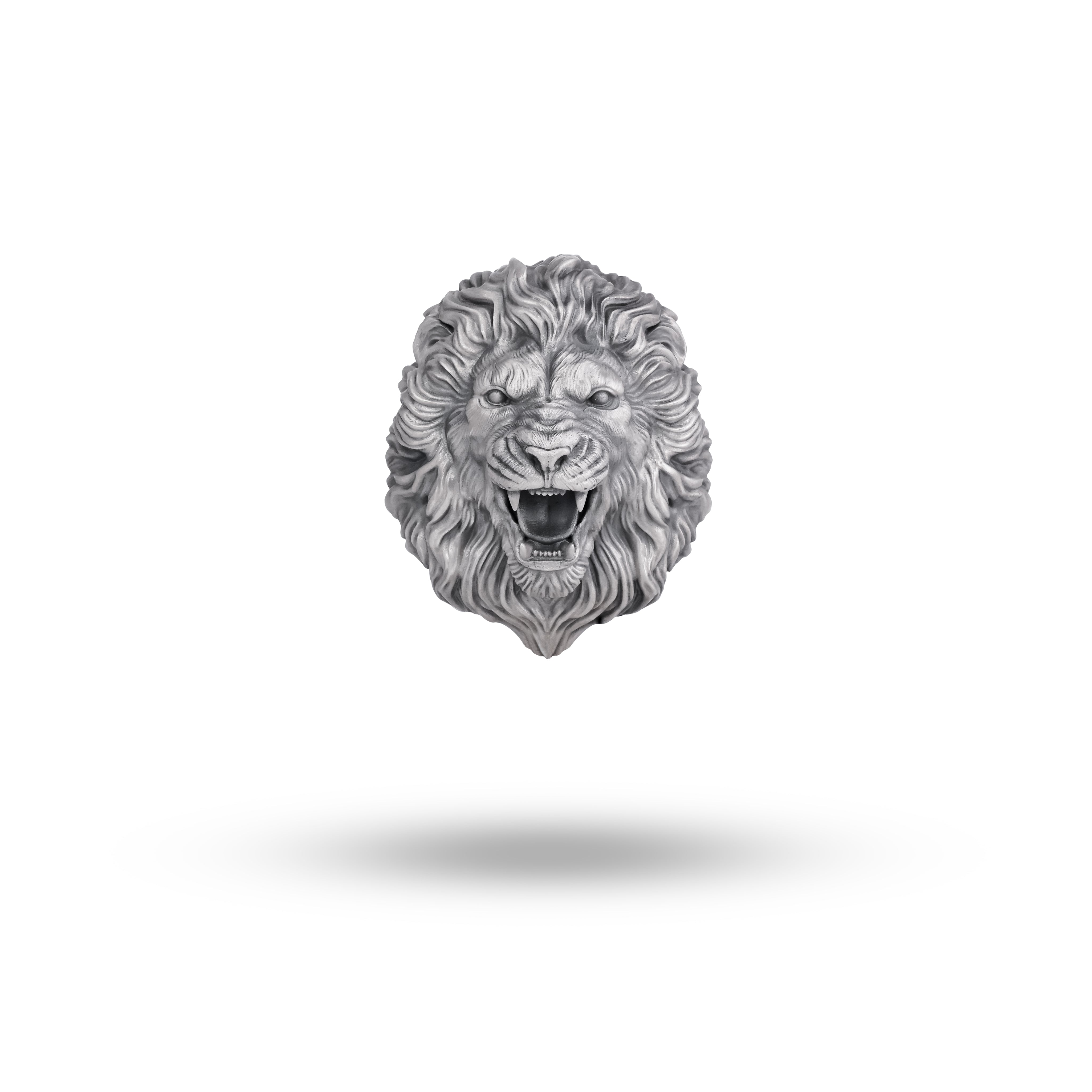 Front view of the Majestic Lion Sterling Silver Brooch, showcasing detailed craftsmanship and oxidized silver finish.
