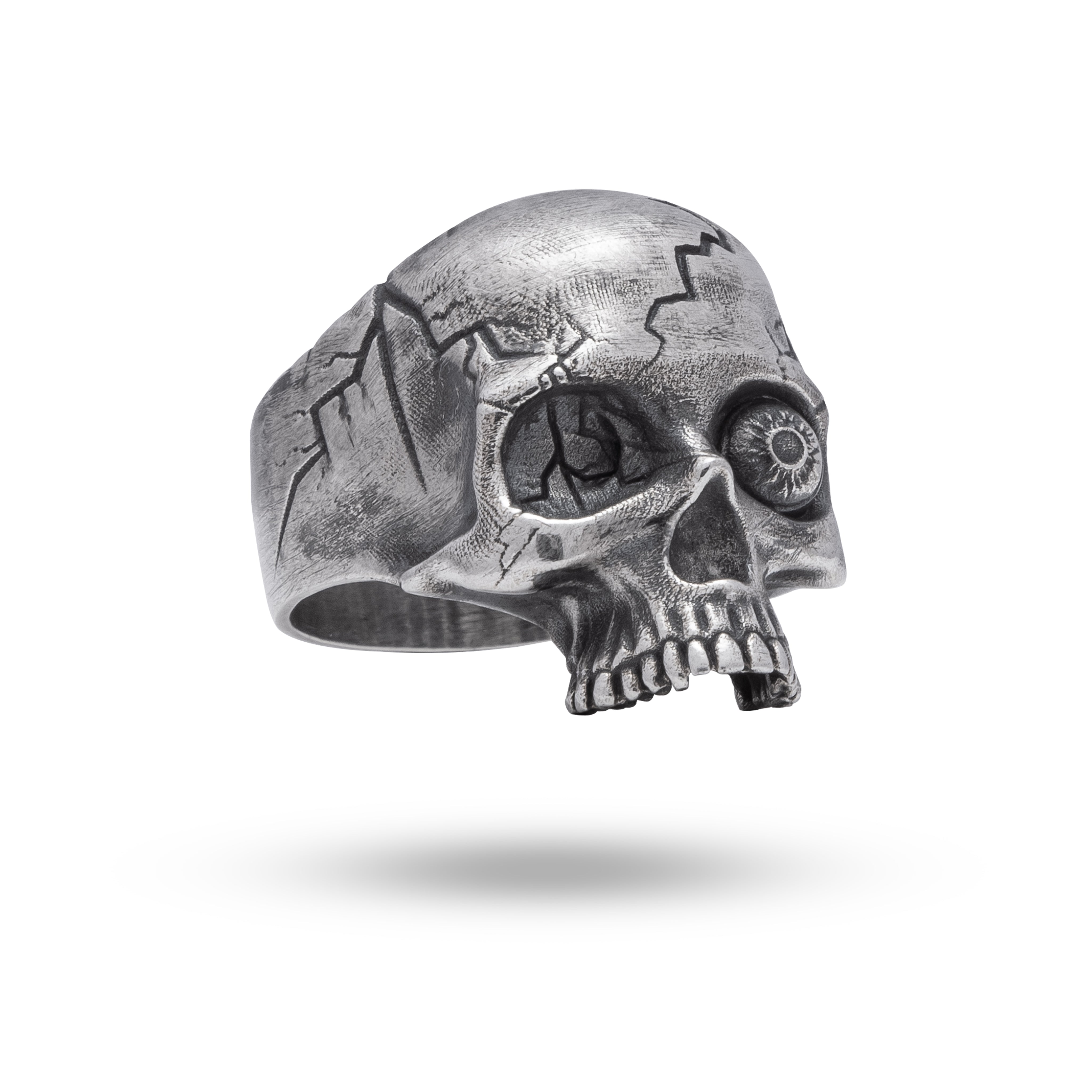 Side view of Half Jaw Crack Eye sterling silver ring showcasing intricate design and oxidized finish