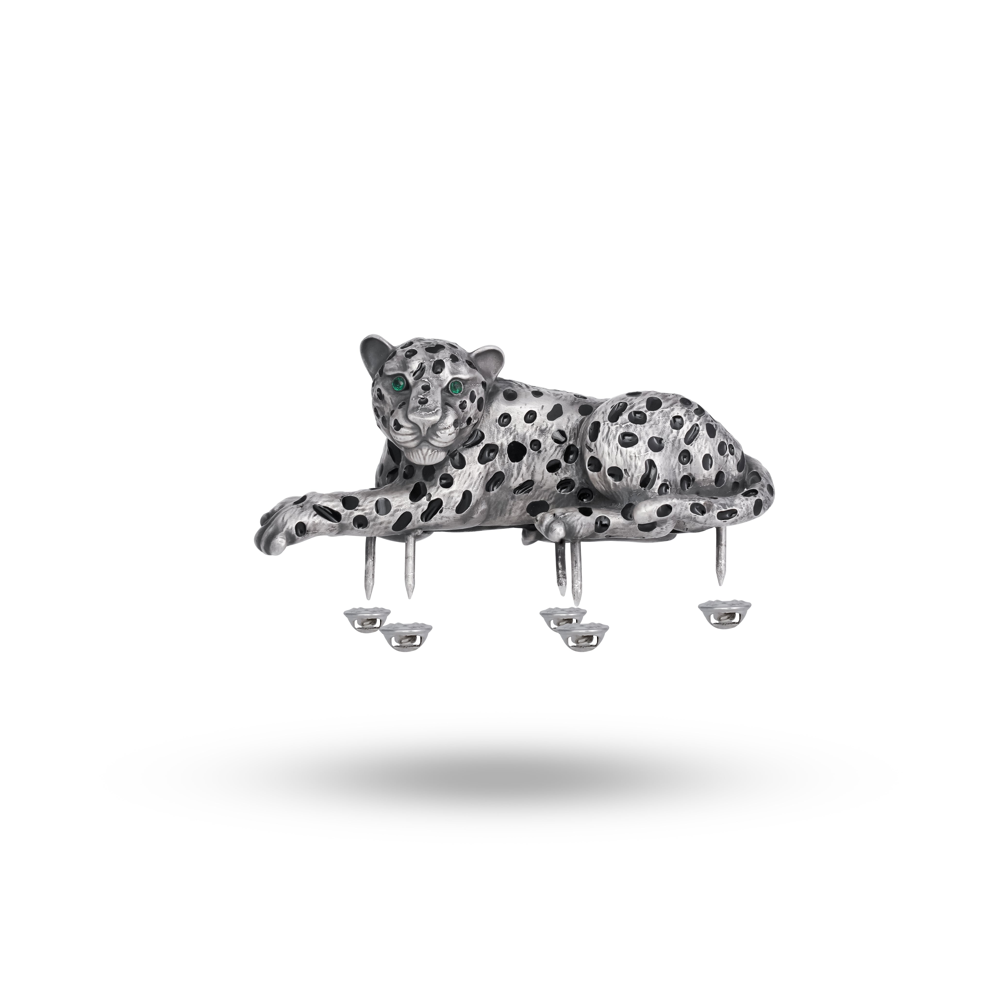 Sitting Panther Enamel 925 Sterling Silver Shoulder Brooch with oxidized silver finish