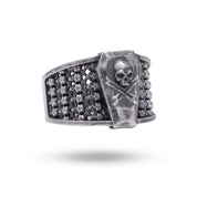Side view of Coffin Dead Box Skulls 925 Sterling Silver Ring with oxidized finish