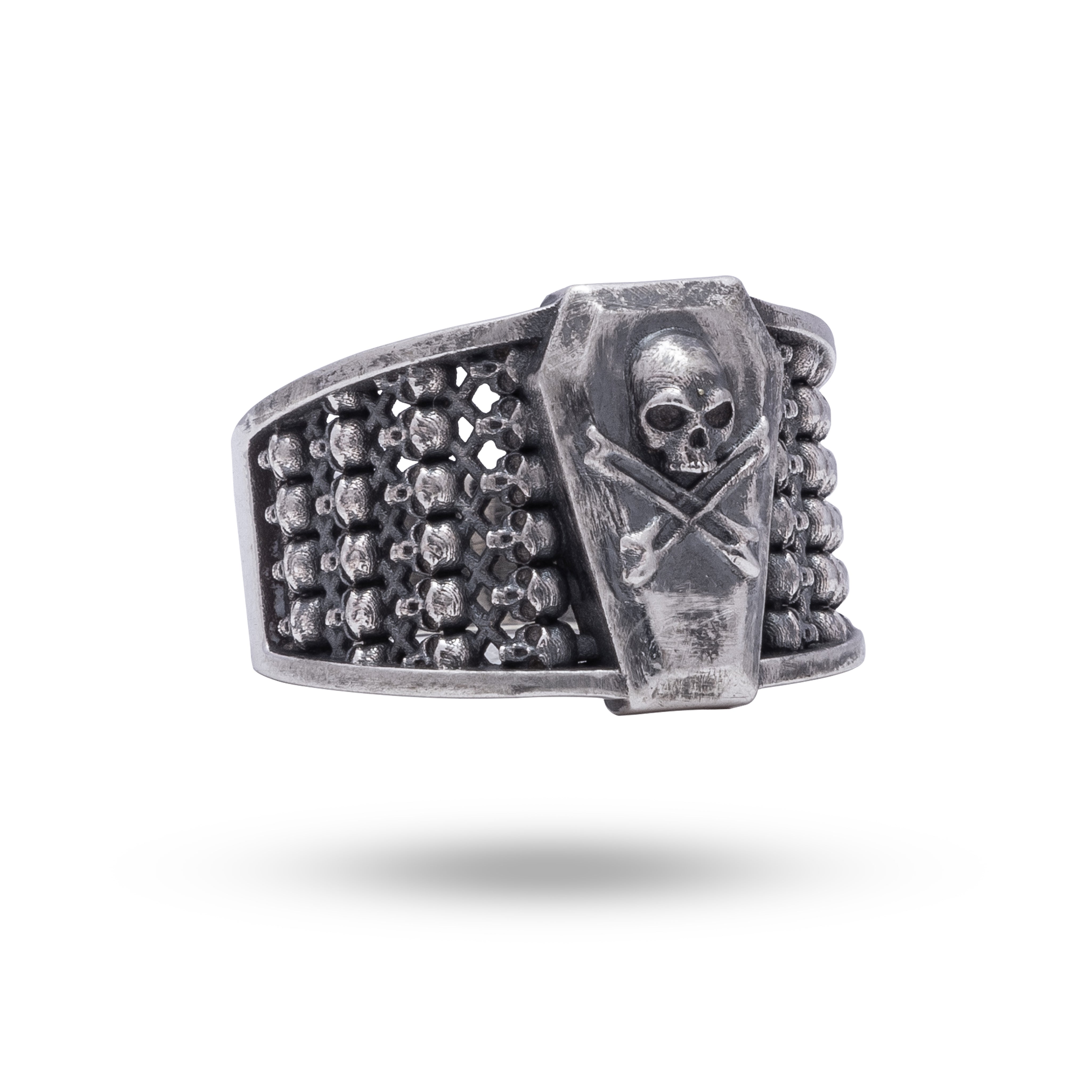 Side view of Coffin Dead Box Skulls 925 Sterling Silver Ring with oxidized finish