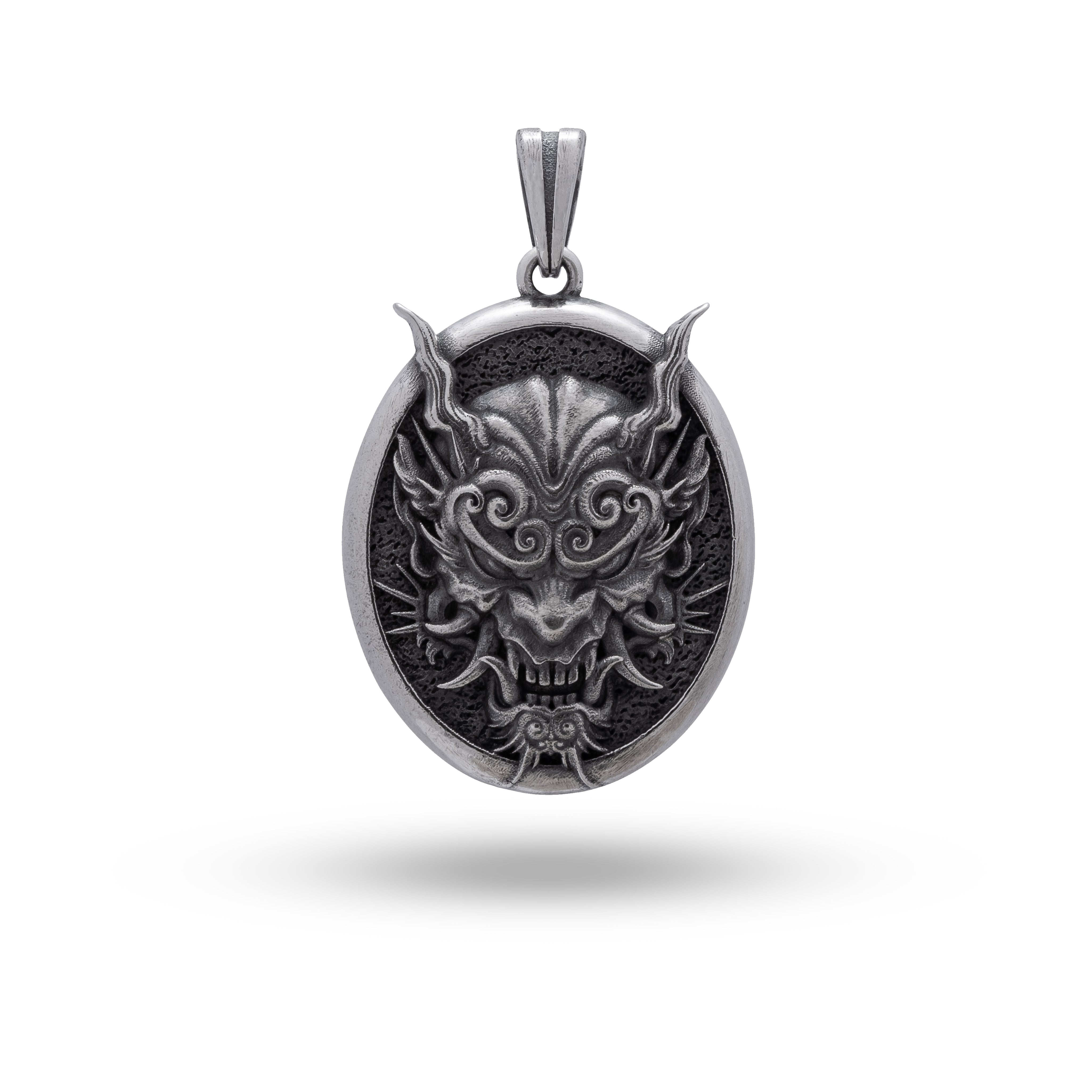 Front view of Hannya Oni Mask Dragon Japanese 925 Sterling Silver Pendant by White Lion Jewels, highlighting intricate design.