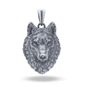 Front view of Wild Wolf Head 925 Sterling Silver Pendant showcasing fine details in oxidized silver.
