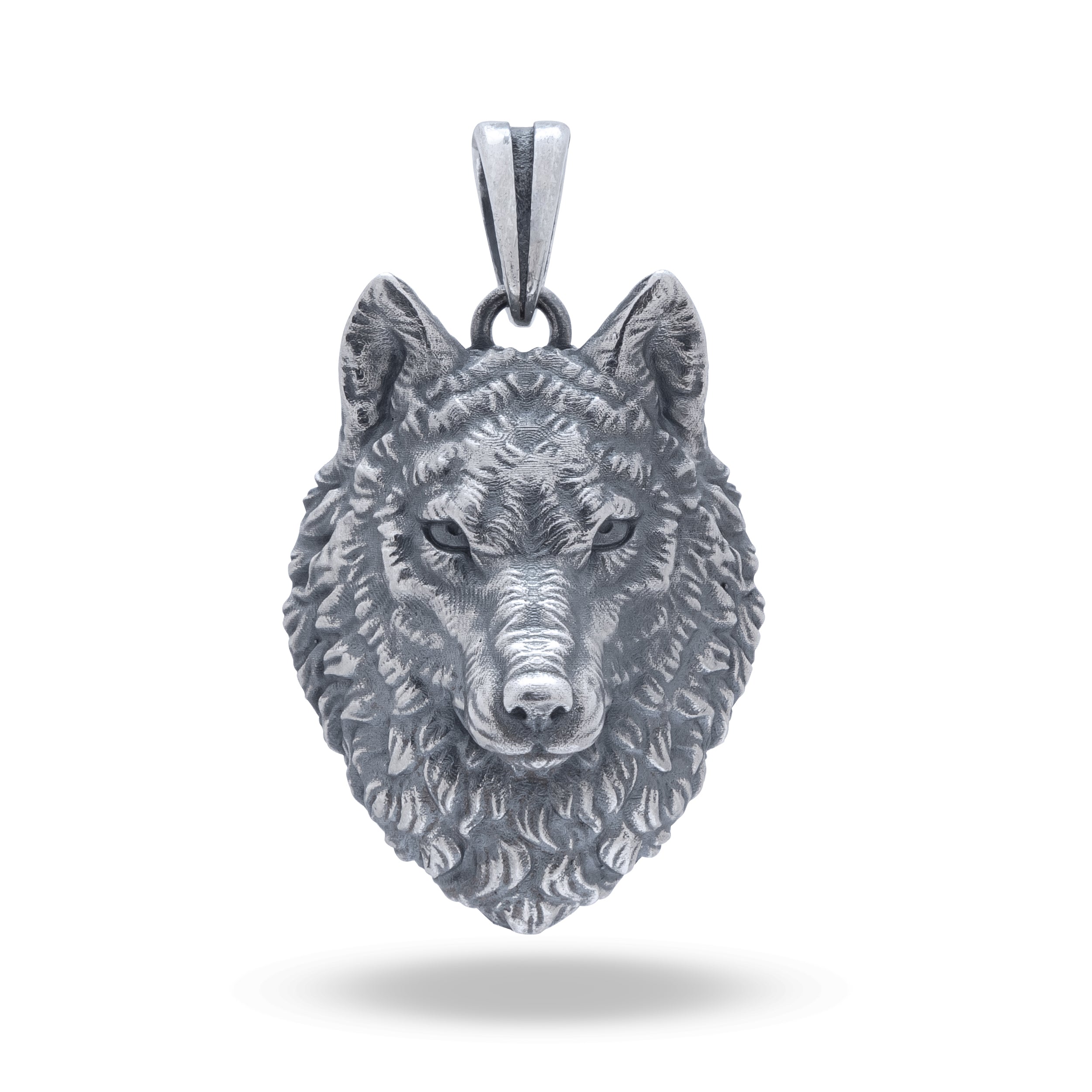 Front view of Wild Wolf Head 925 Sterling Silver Pendant showcasing fine details in oxidized silver.