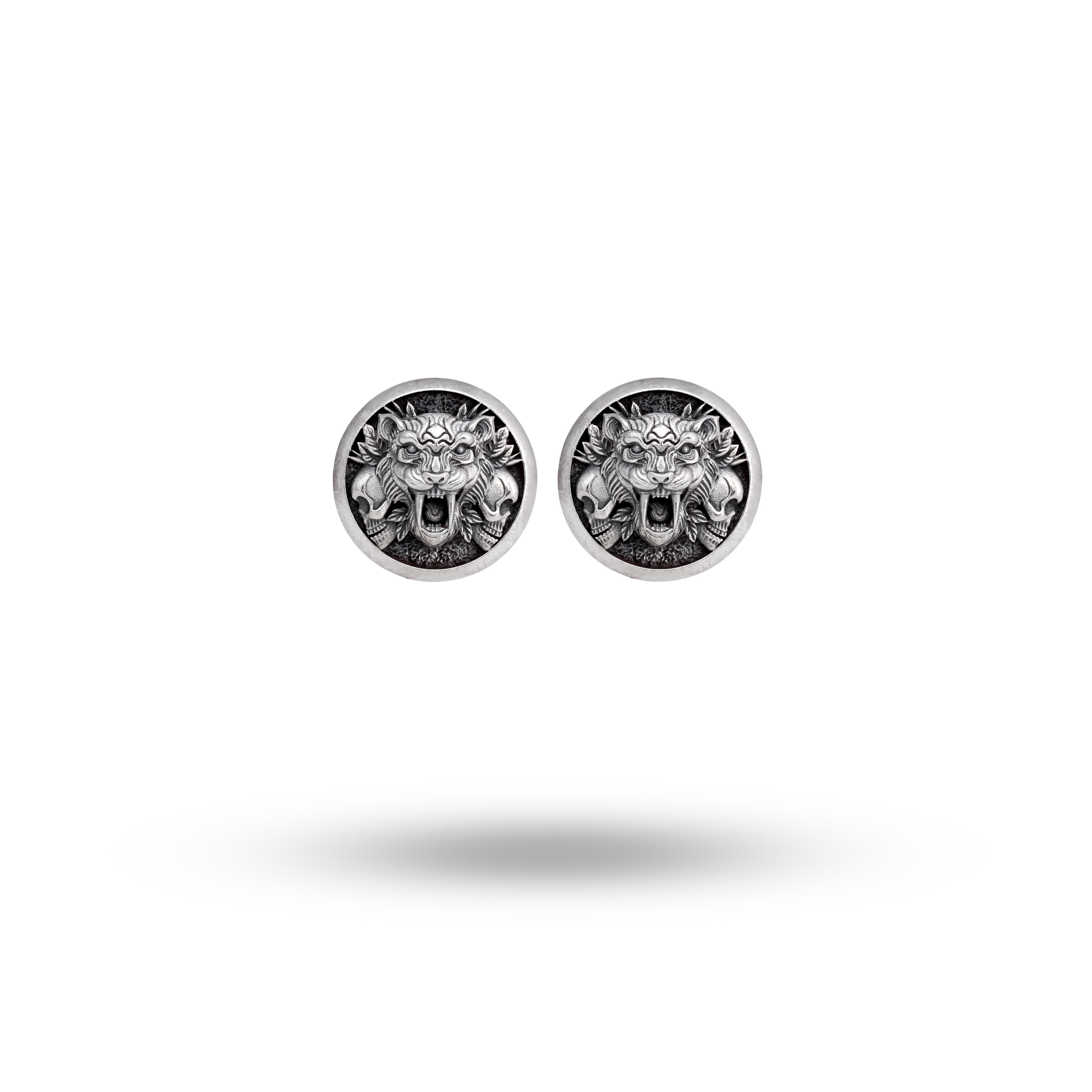 Front view of Saber Tooth Tiger 925 Sterling Silver Ear Studs showcasing oxidized finish.