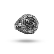 Front view of Memento Mori Skull Zodiac Pisces Ring in 925 oxidized sterling silver