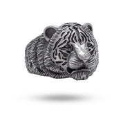 Front view of Calm Tiger Wild Animal 925 Sterling Silver Ring featuring intricate tiger design in oxidized finish.