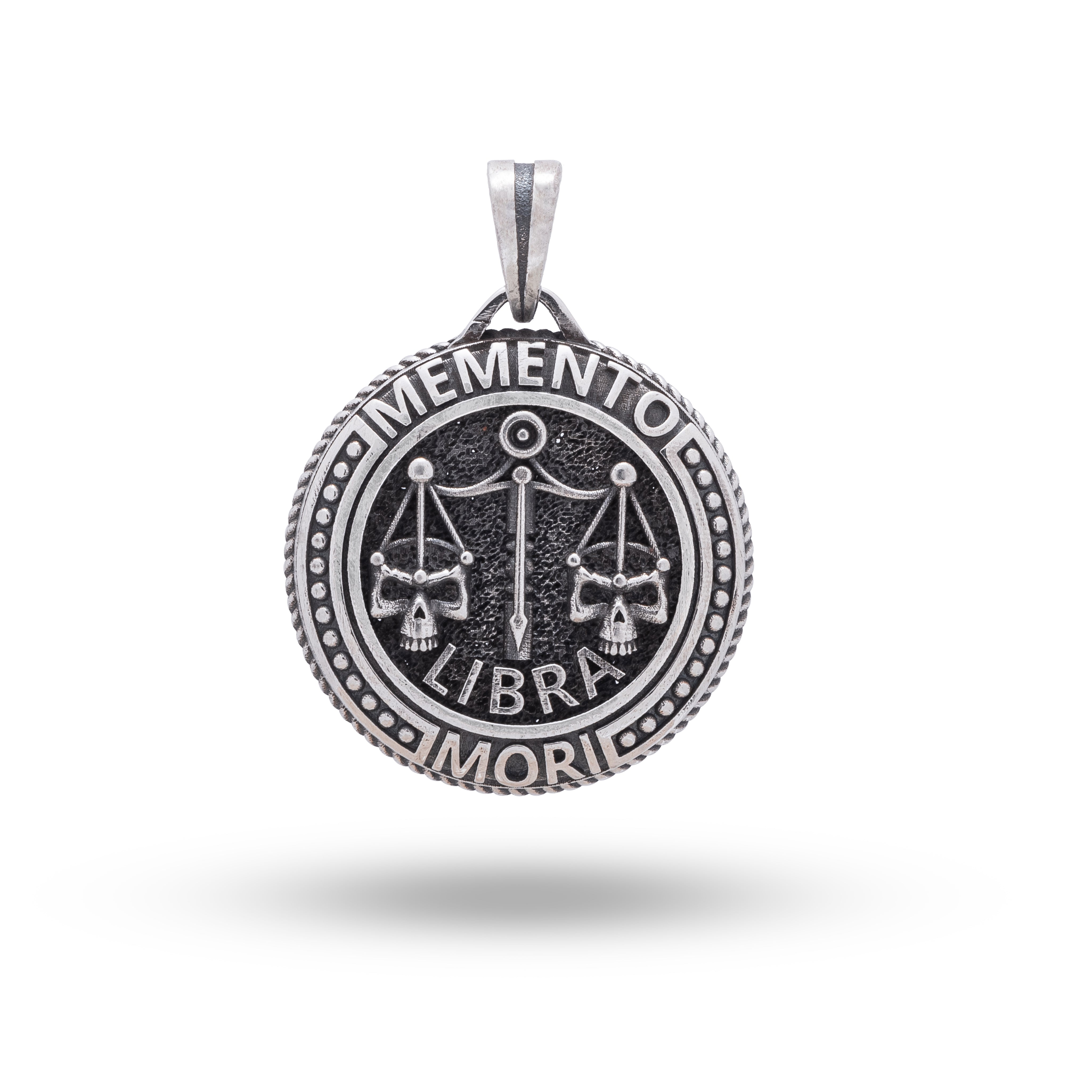 Front view of Memento Mori Skulls Libra Zodiac Pendant in 925 Sterling Silver, oxidized finish.
