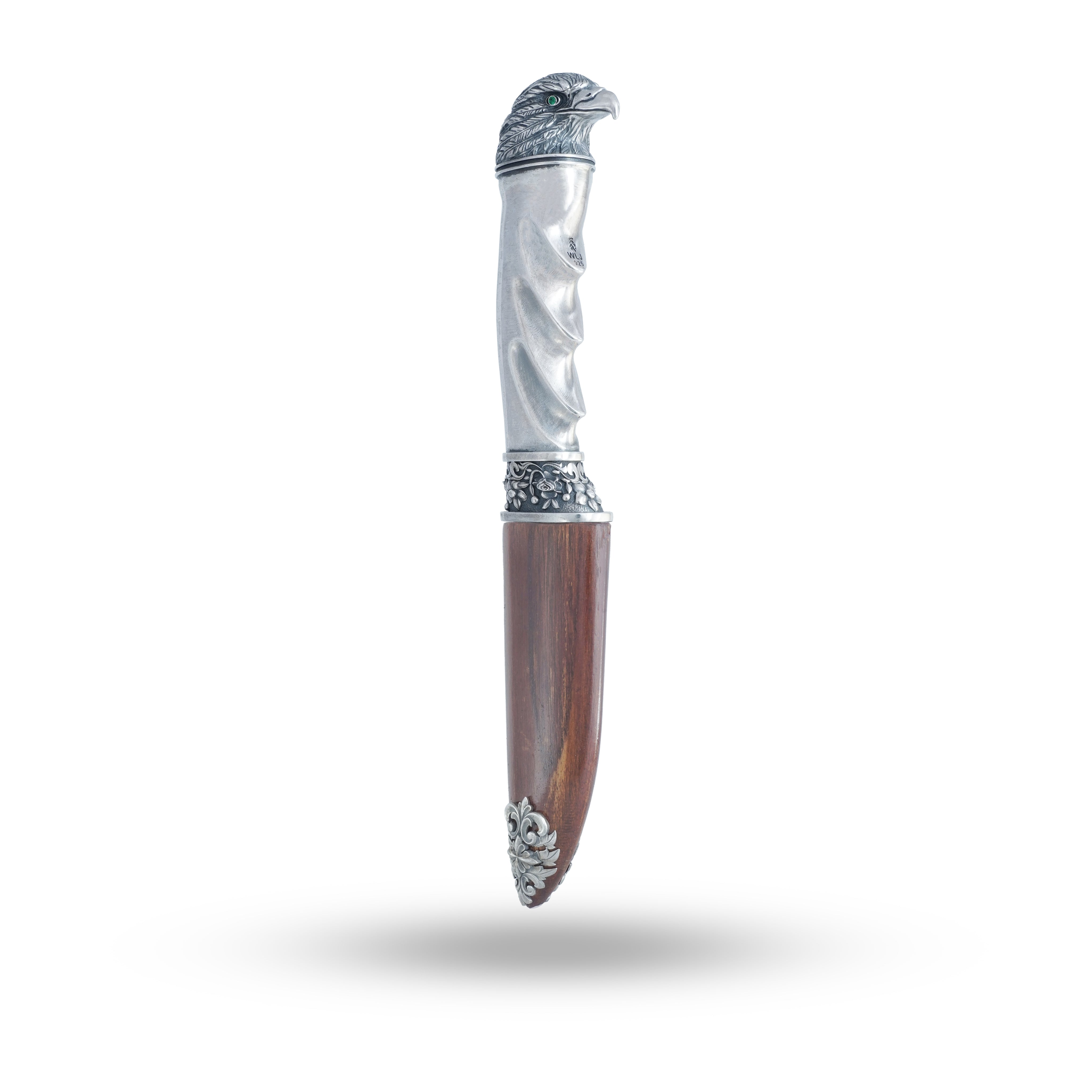 Eagle Katar 925 Sterling Silver Royal Dagger front view showcasing its intricate handcrafted design and oxidized silver finish.