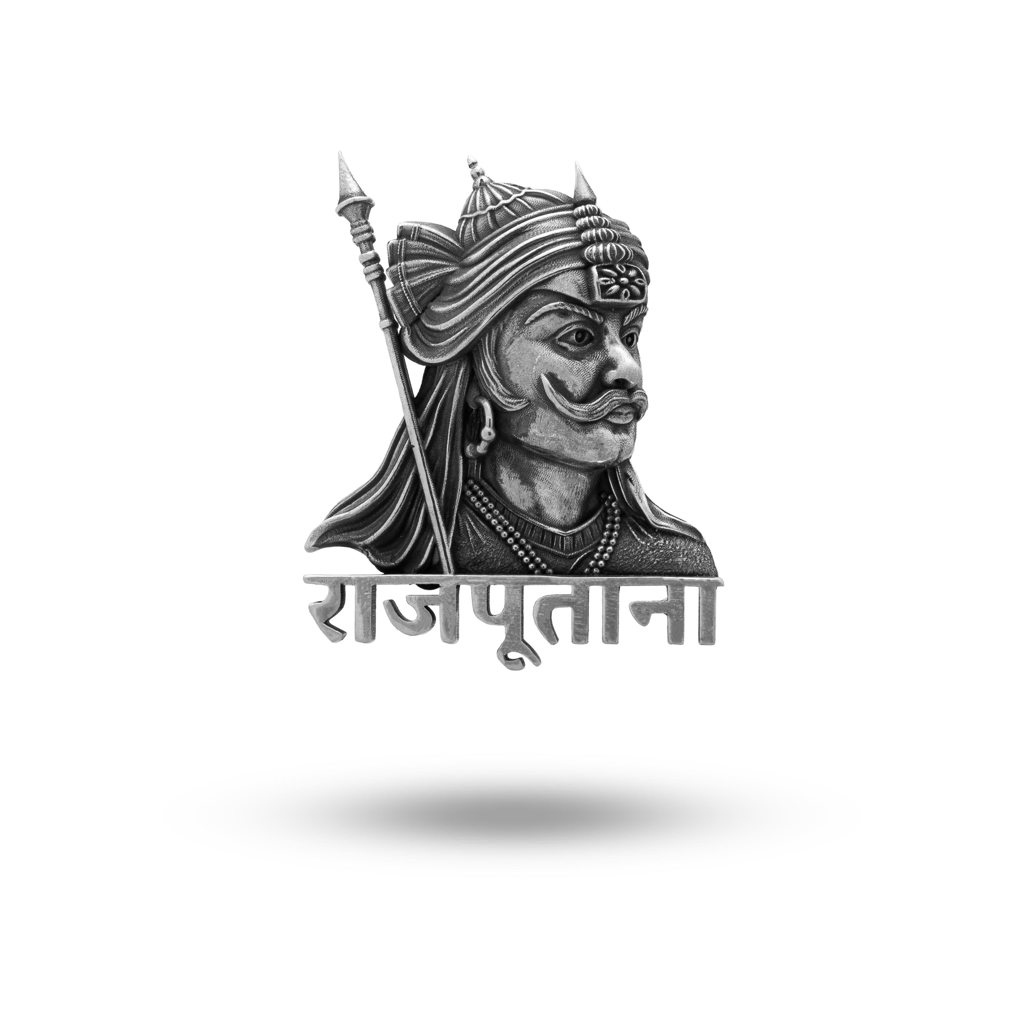 Maharana Pratap Rajput Mewar Warrior Sterling Silver Brooch, intricate design, oxidized finish.