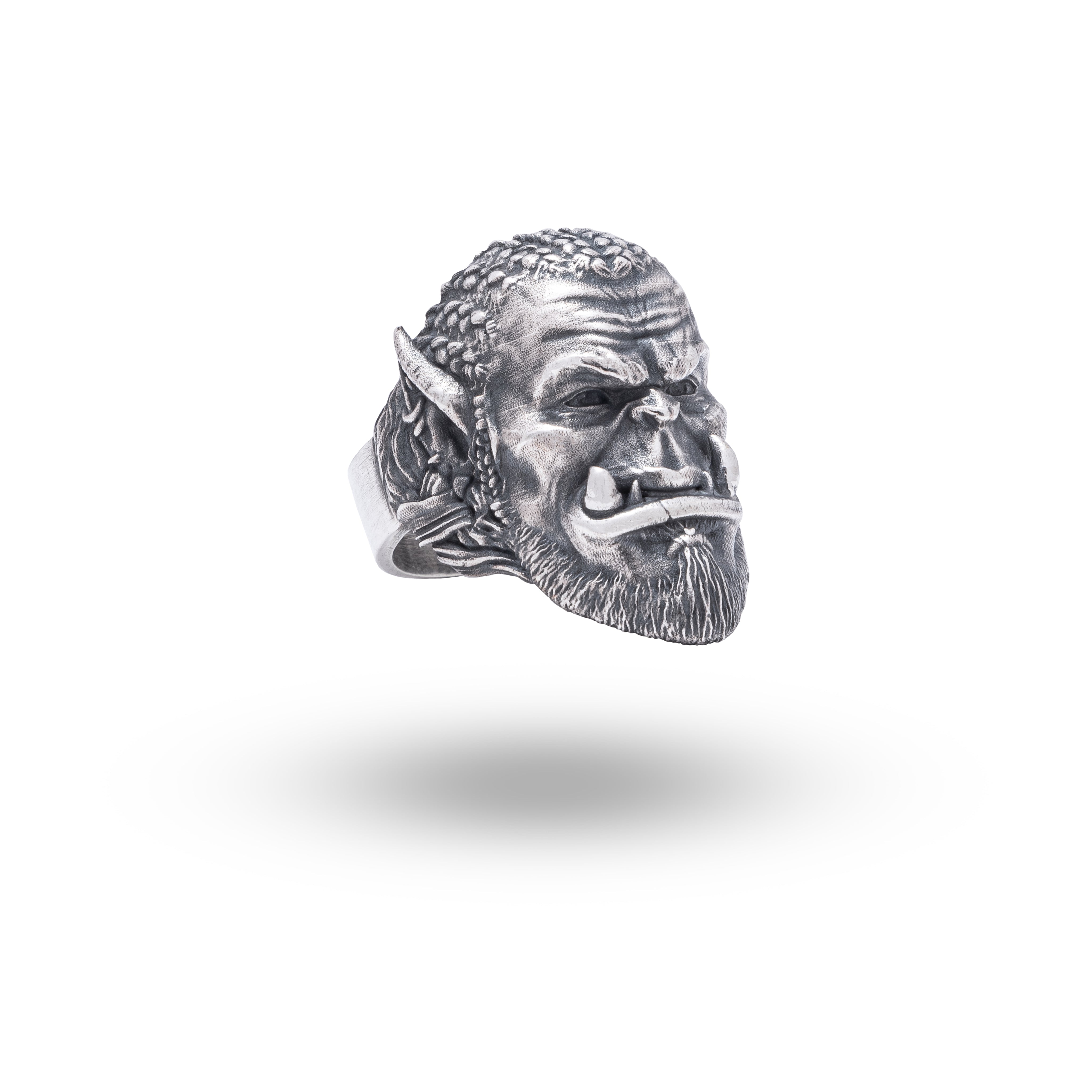Front view of Orc Warcraft Orgrim Doom Hammer Ring in 925 Sterling Silver with oxidized finish
