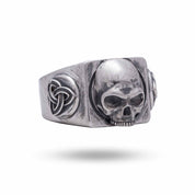 925 Sterling Silver Celtic Knot Gothic Skull ring with oxidized finish, showcasing intricate Celtic designs and half jaw skull from an angle.